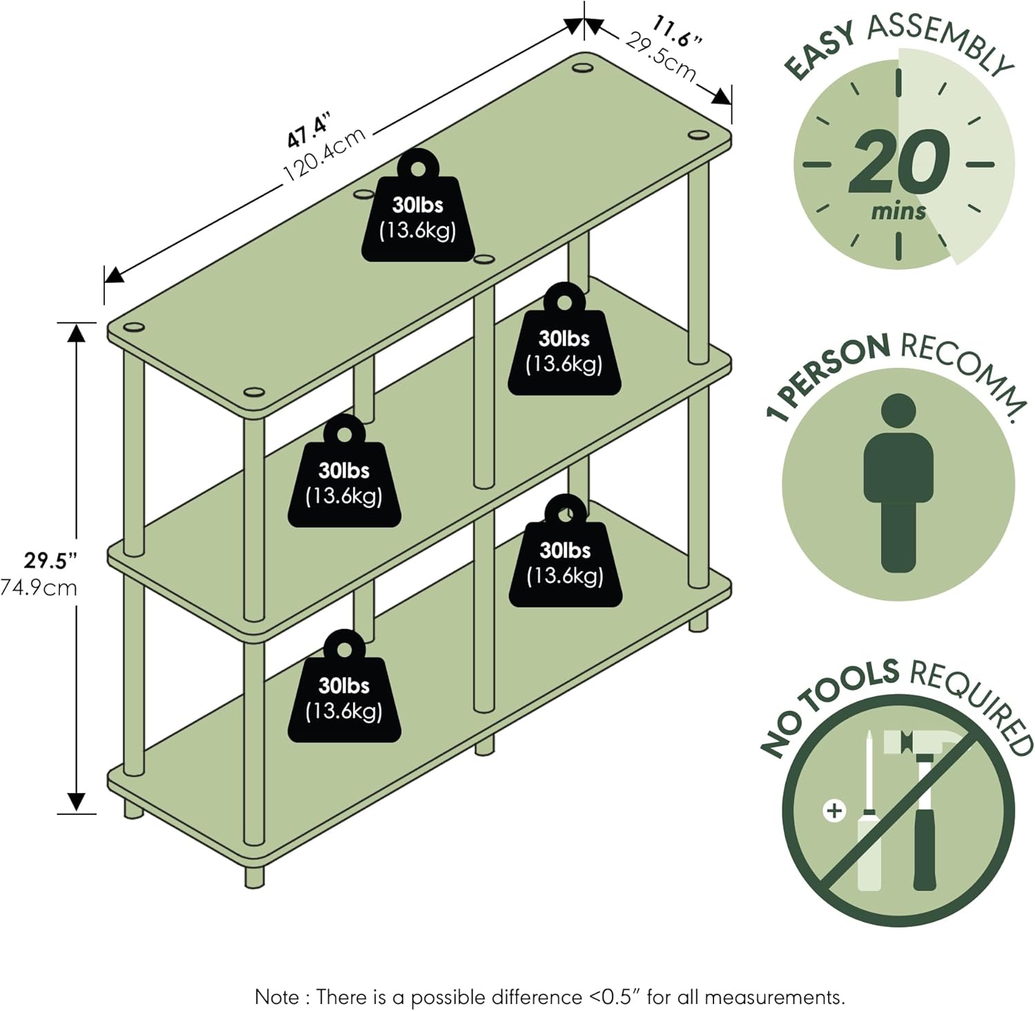 Furinno Turn-N-Tube Storage Shelves, 3-Tier 47.4 Wide Book Shelf, Corner Shelf, Toolless Open Shelves, for Organization and Storage, Living Room, Garage, Home Office, Amber Pine