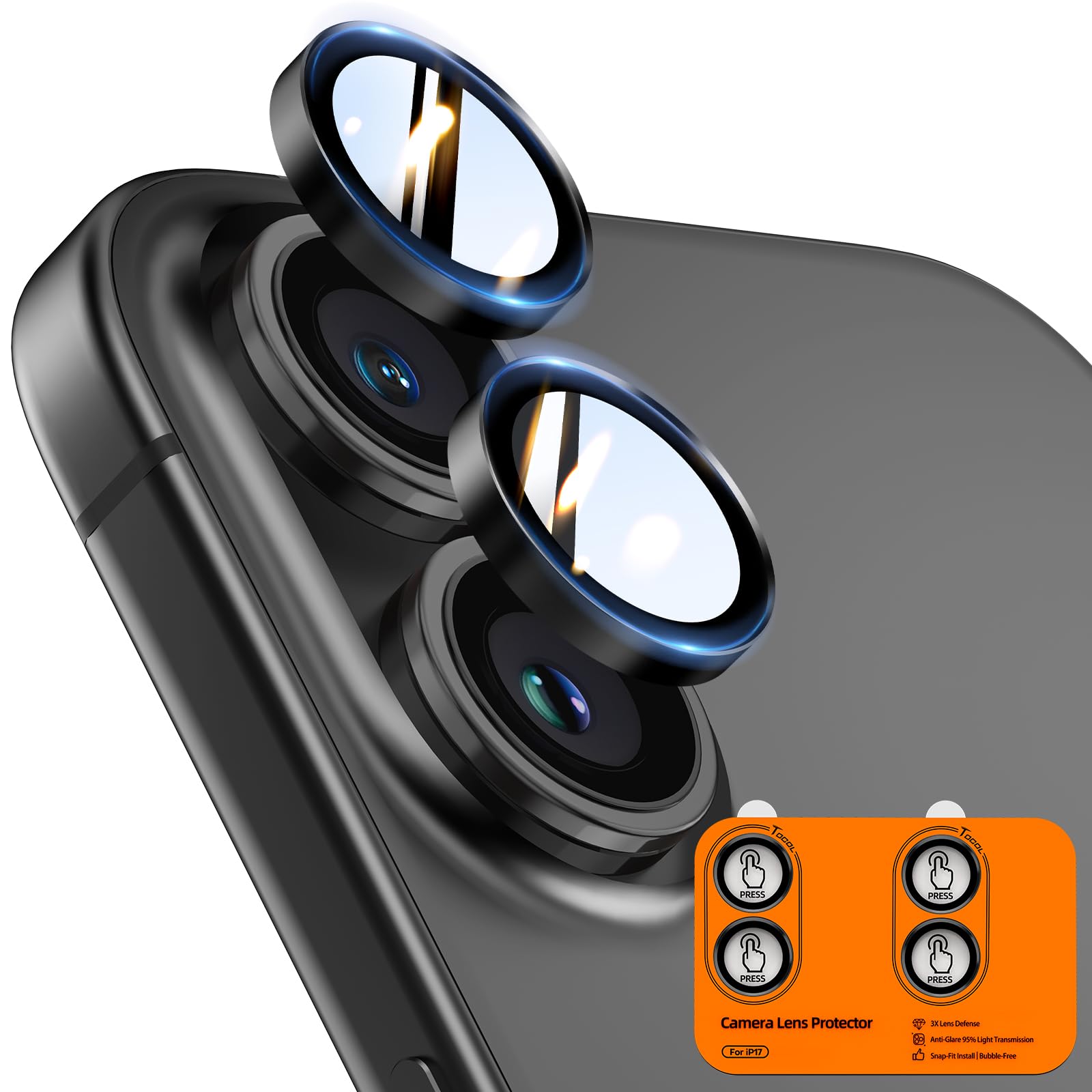 TOCOL Camera Lens Protector for iPhone 17 Tempered Glass HD Individual Scratch Resistant Camera Cover Accessories Case Friendly 2 Pack（Black）