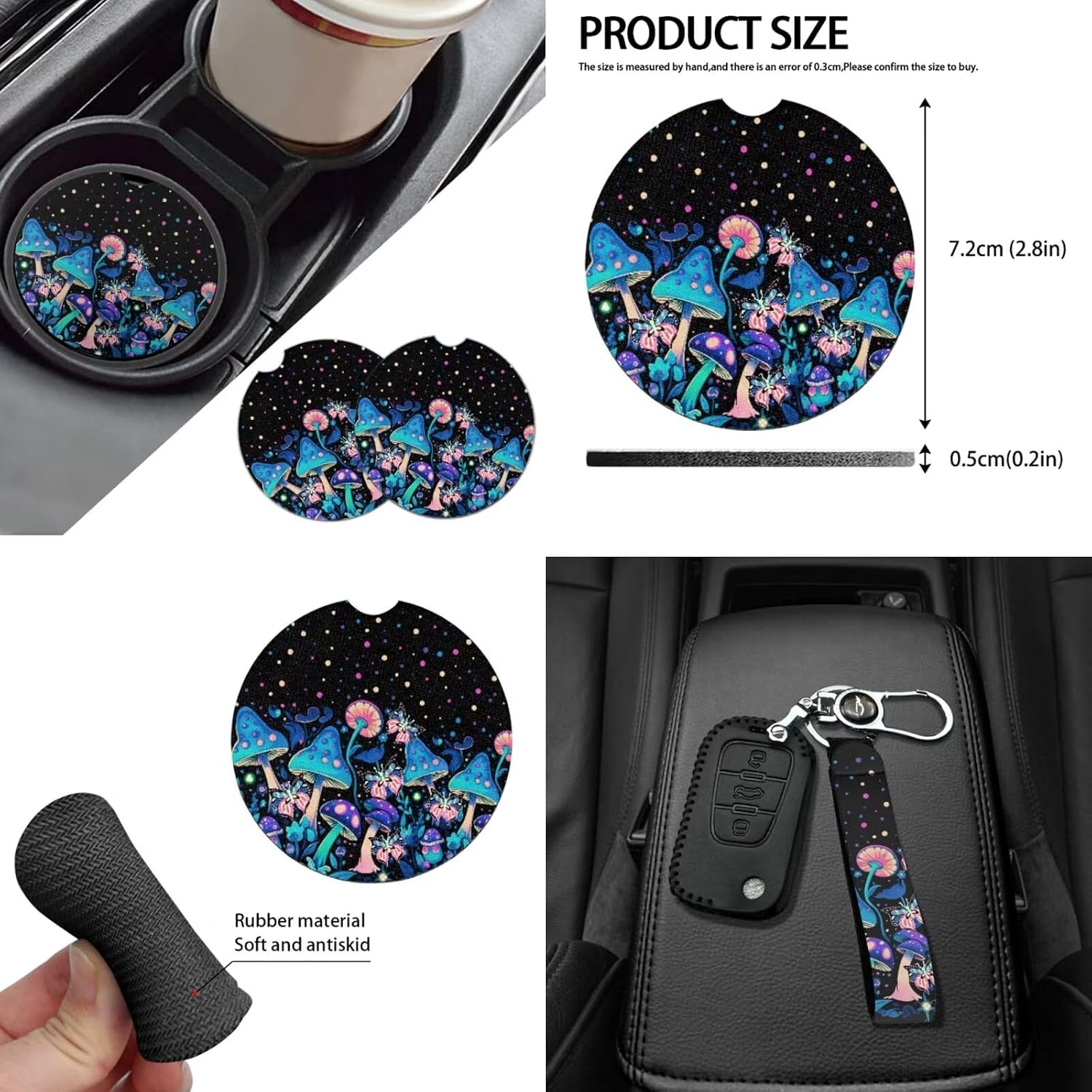 Hippie Mushroom Auto Seat Cover Set of 14,Mushroom Seat Covers for Front Rear Back Seats Protection+Butterfly Mushrooms Steering Wheel Cover+Seatbelt +Keychain+Interior Mirror Cover