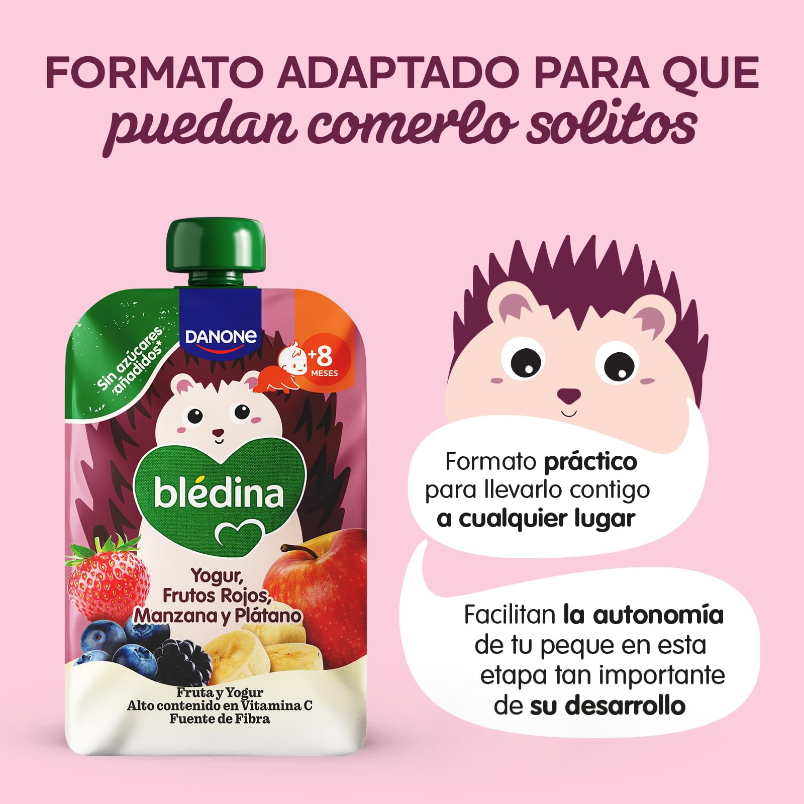 Blédina Bolsitas de Yogur, Frutos Rojos, Manzana y Platano para Bebé. Pouch de Fruta y Yogur, Sin Azúcares Añadidos y Alto Contenido en Vitamina C, Fuente de Fibra. Desde los 8 Meses, Pack 6x100g