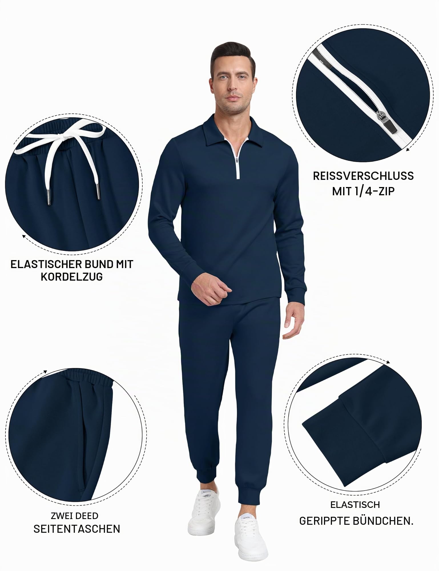 MoFiz Herren-Trainingsanzug, 2-teilig, Trainingsanzug, 1/4-Reißverschluss, langärmelig, Tops, Jogginghose, lässige Outfits für Herren