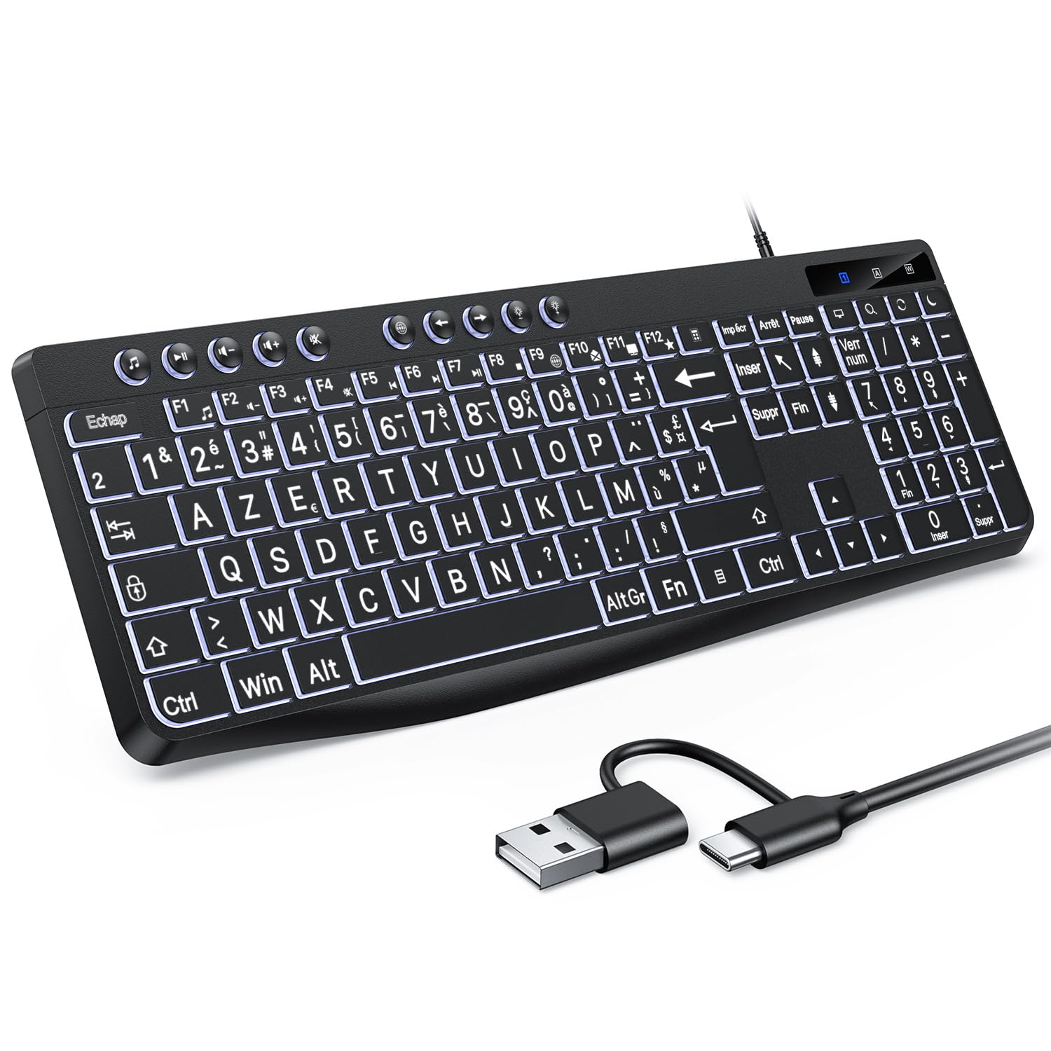 OMOTON Clavier Rétro-éclairé AZERTY, Clavier Filaire avec Grande Touches et pavé Numérique, Keyboard Facile à Lire Compatible PC Windows pour Les Malvoyants, Seniors, Enfants, Bureau et Usage