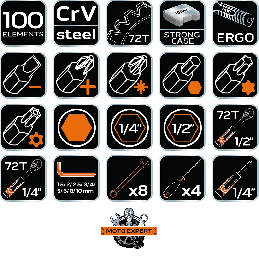 NEO TOOLS Set di Chiavi 100 Pezzi 1/2 ", 1/4" In Una Custodia | Chiavi A Bussola, Cacciaviti, Chiavi A Brugola, Cricchetto | Kit Completo Per Officina, Garage, Fai Da Te
