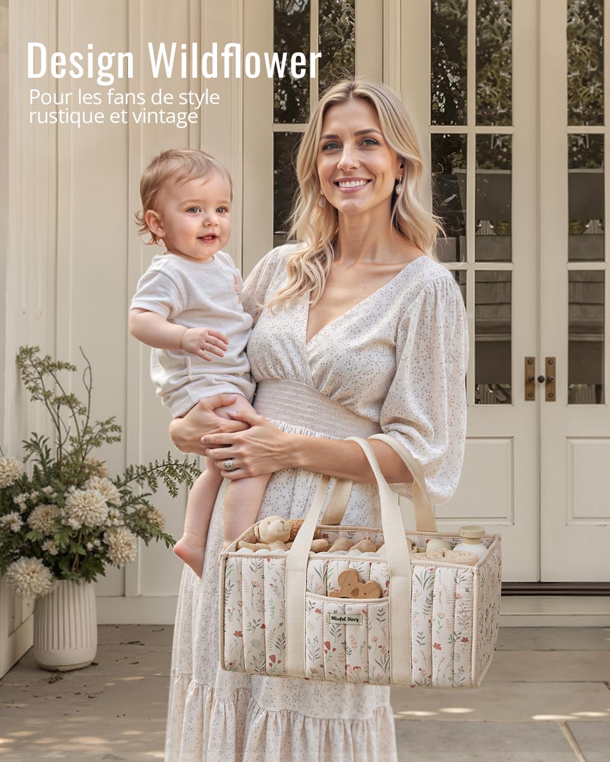 Blissful Diary Panier Rangement Bébé, Organiseur de couches pour Table à Langer, panier de rangement pour couches et lingettes pour bébé, cadeau pour fête prénatale, Fleurs Beiges