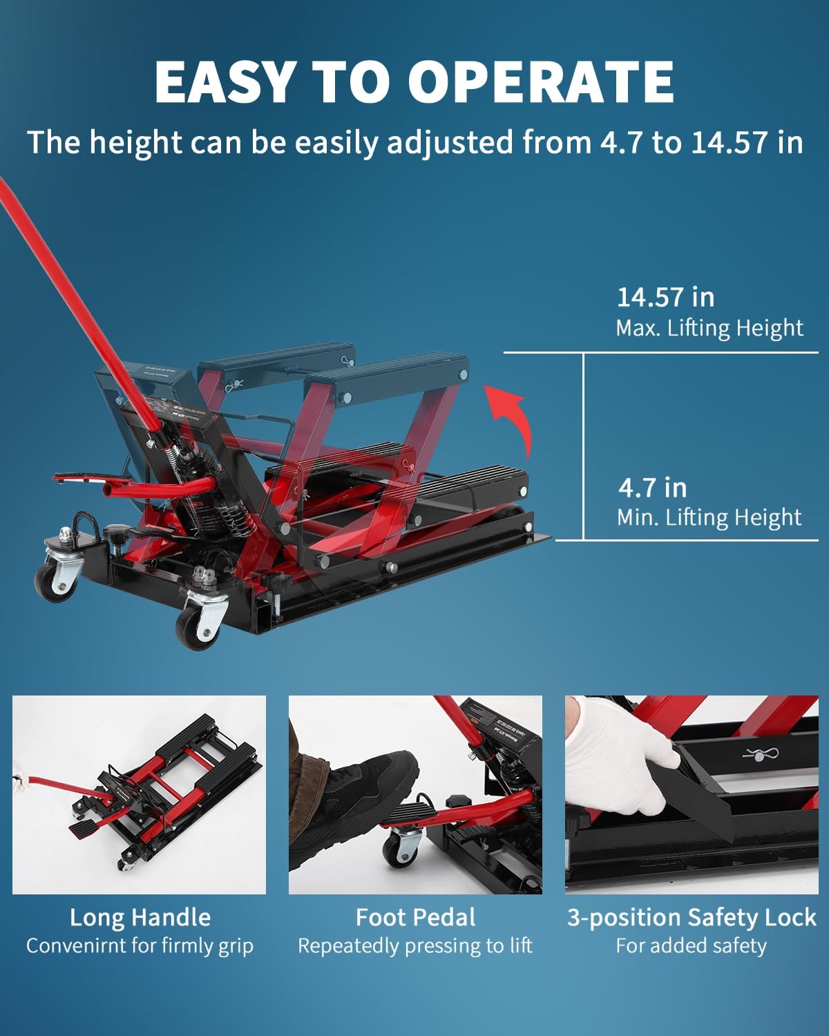 1500 LBS Hydraulic Motorcycle Lift Jack, Portable ATV Scissor Lift Jack with 4 Wheels, Foot-Operated Hoist Stand for Motorcycle, ATV, UTV, Powersports, Black