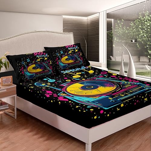 Miniatura 2 de Sábana bajera ajustable de los años 80 y 90, diseño retro de tocadiscos, para niños y adolescentes, juegos de ropa de cama de música hip pop, notas