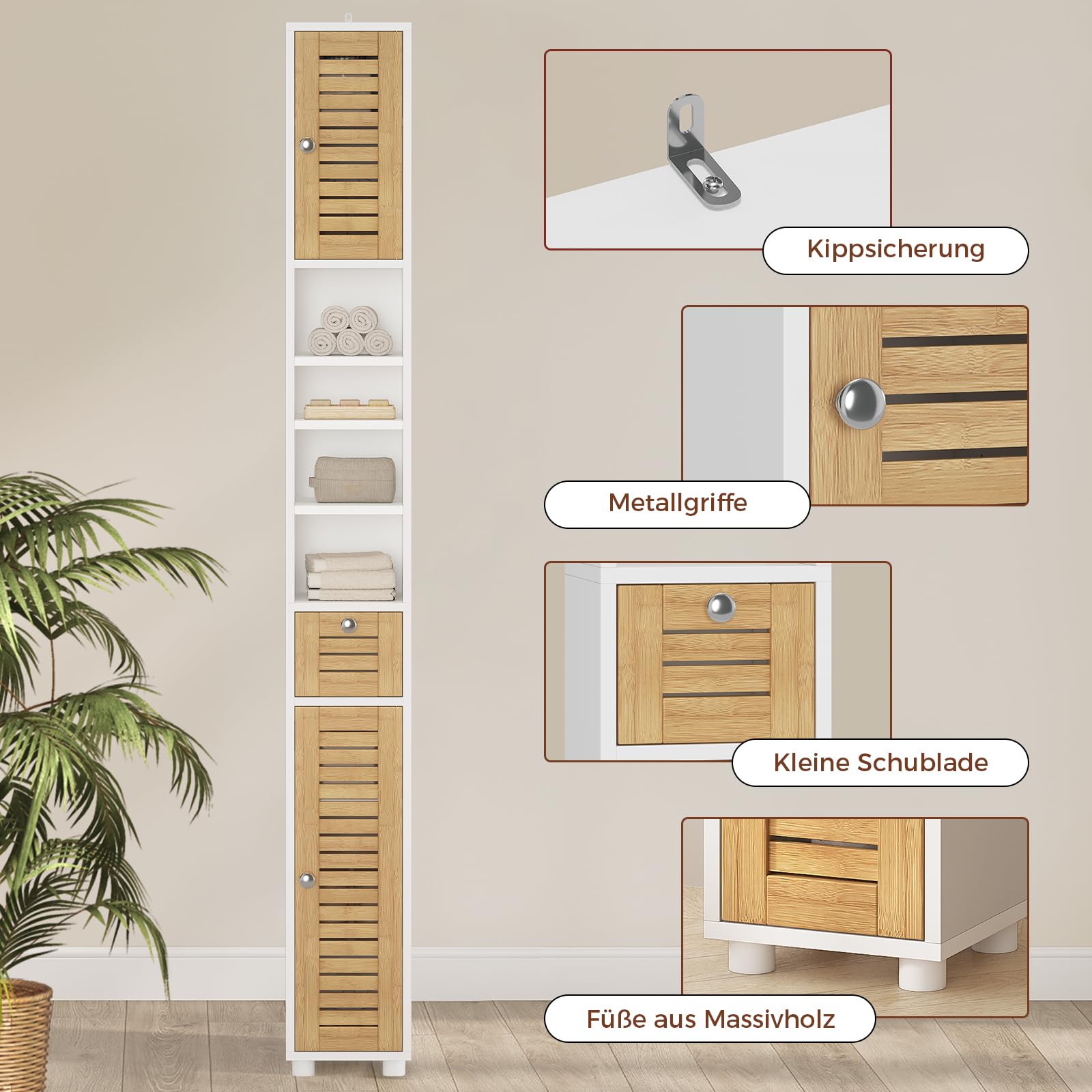 Meuble Colonne Salle de Bain, Meuble de Rangement avec 4 étagères ouvertes, 2 Portes en Bambou,1 Tiroir,Meuble Haut avec Étagères Réglables,Armoire de Toilette pour Salon, Cuisine,22x20x180cm