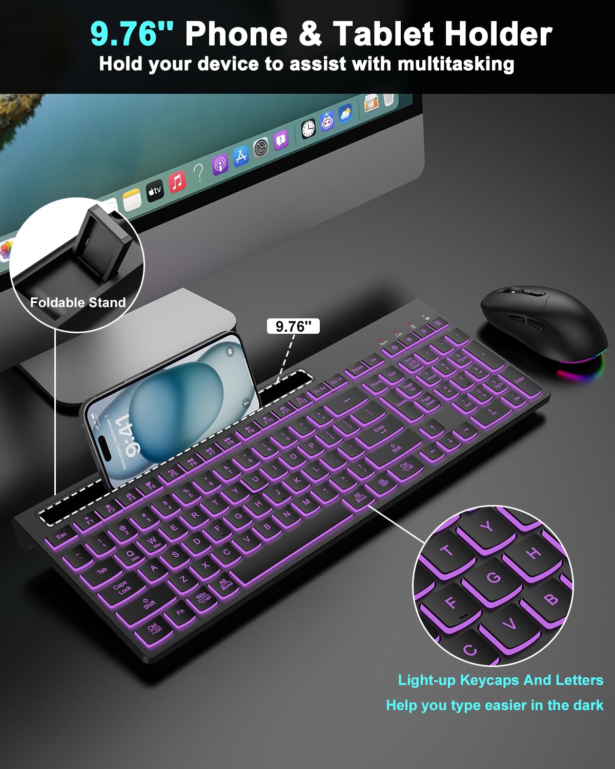 Tastiera wireless e mouse combinata, 7 effetti retroilluminati, lettere illuminate, ricaricabile, supporto per telefono, mouse a 6 pulsanti, angolo di inclinazione ergonomico, mouse USB silenzioso da
