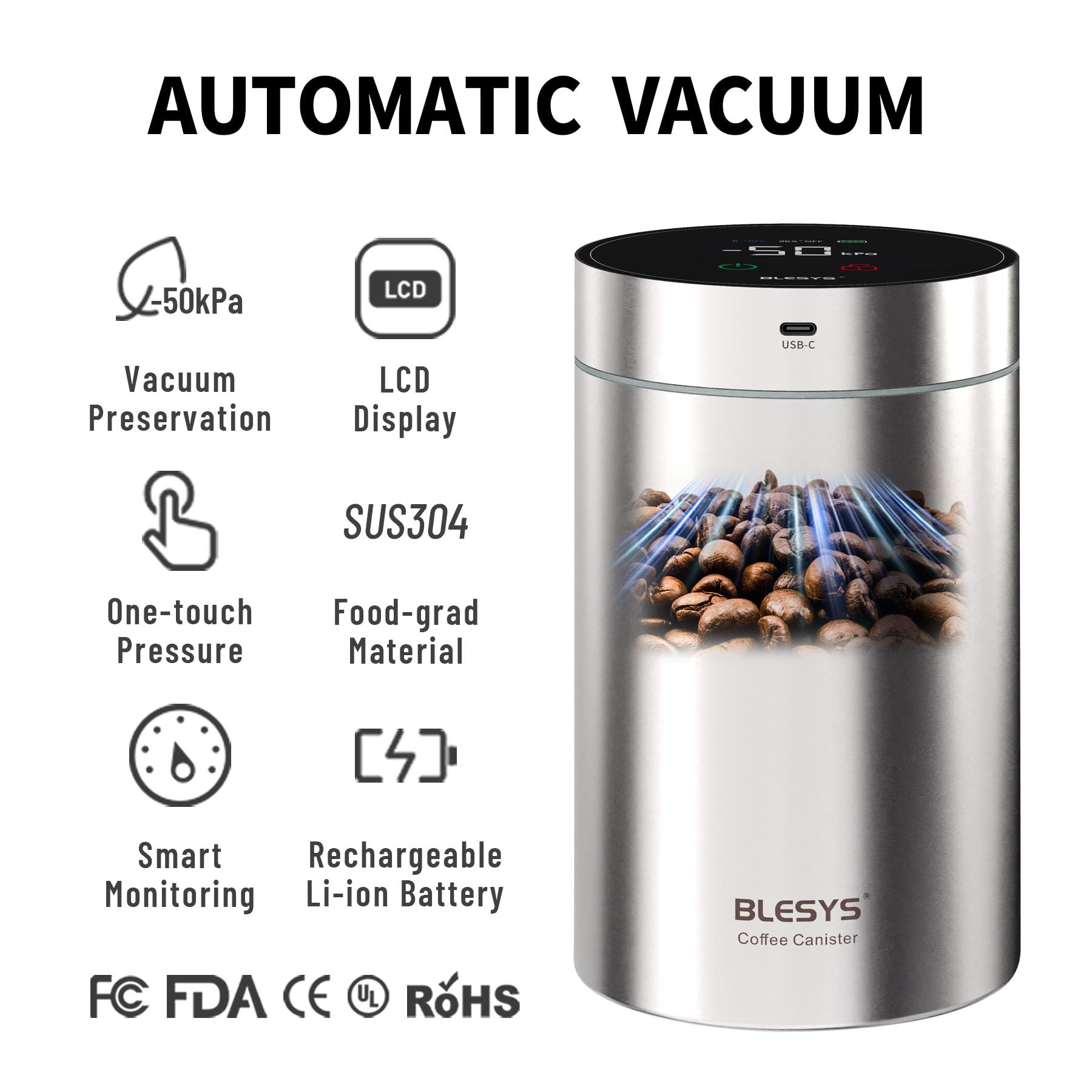 BLESYS Intelligente contenitore caffe sottovuoto per alimenti ermetico e automatico in acciaio inox con display LCD funzione di mantenimento della freschezza con un solo tocco 1.8l argento