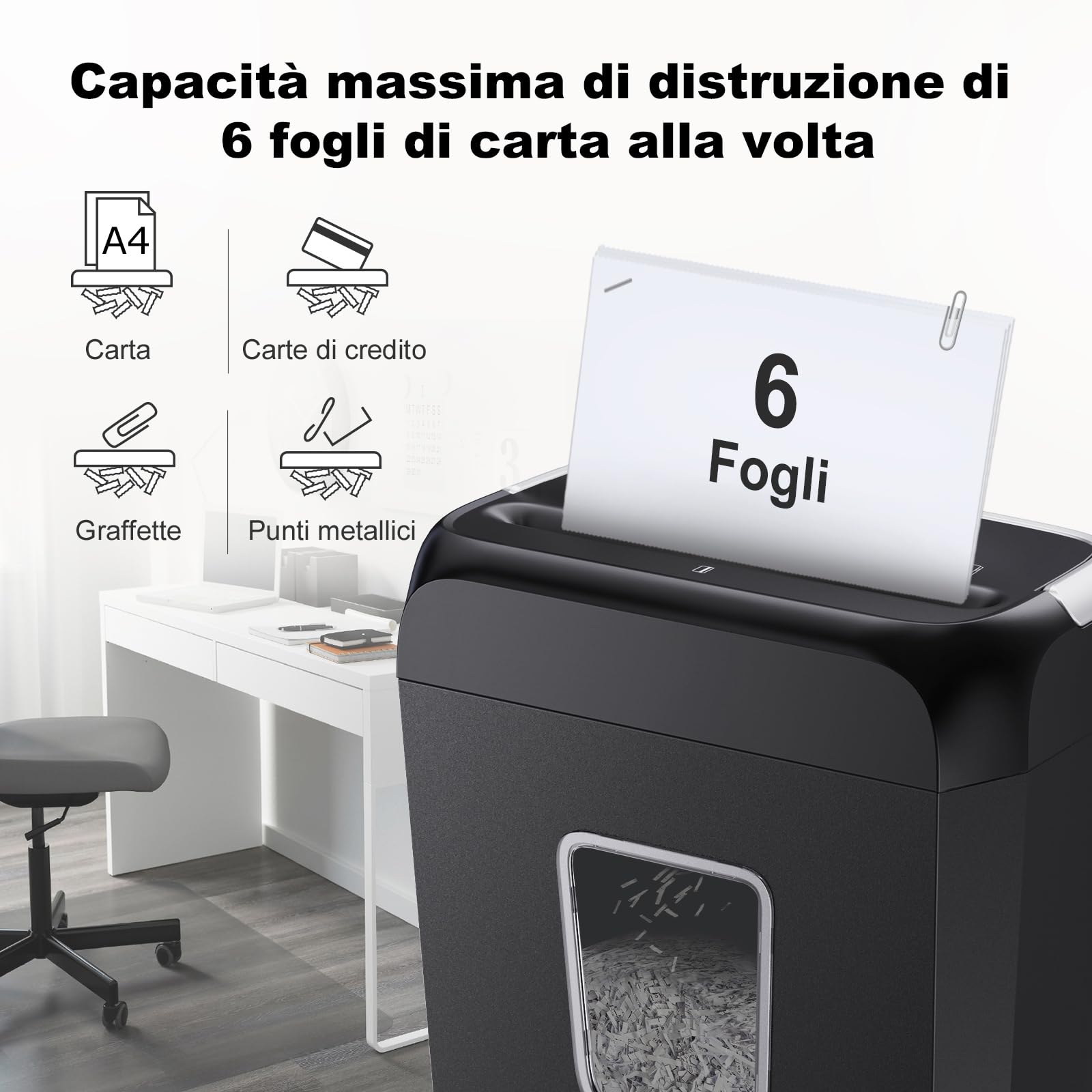 Bonsaii Distruggidocumenti P-4, Tritadocumenti 6 Fogli, Carte di Credito, Graffette, Contenitore 13L, C237-B