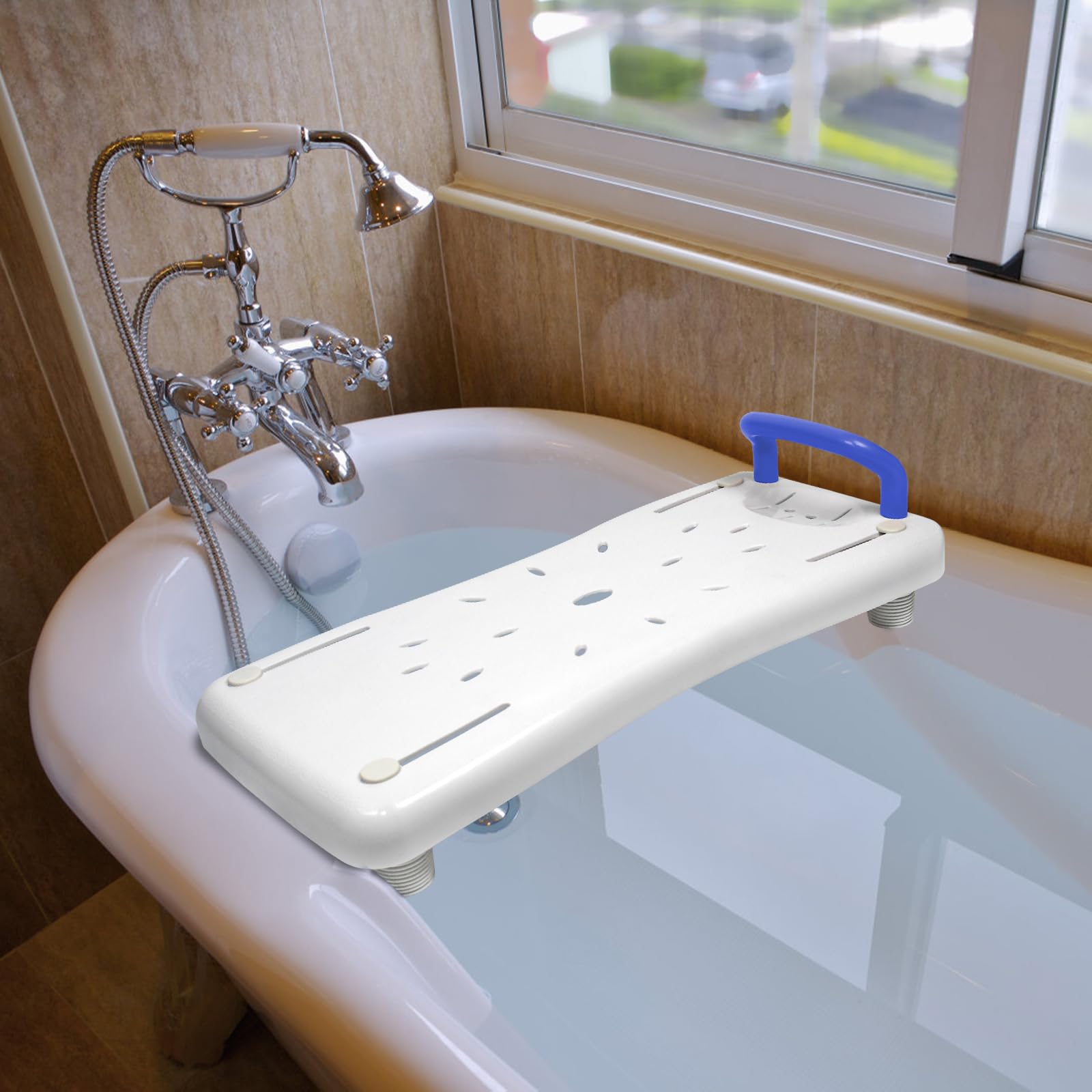 UISEBRT Sedile per vasca da bagno per anziani, asse per vasca da bagno, sedile per vasca con manico e portasapone, lunghezza 70 cm, bianco e blu