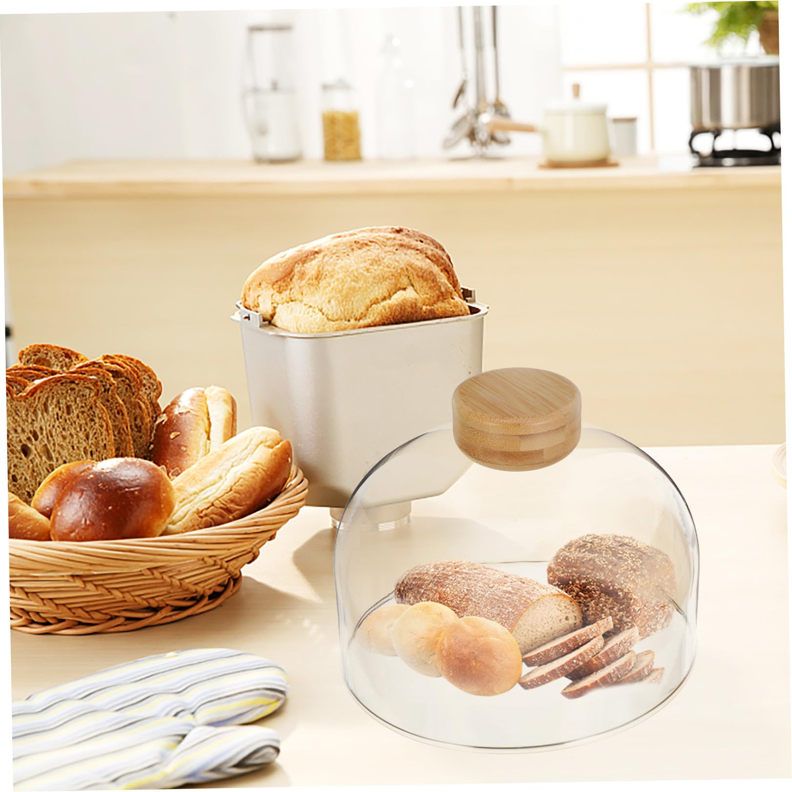 jojofuny Soporte de Vidrio para Tartas con Tapa de Madera y Cúpula Beige | Bandeja de Postre con Tapa, Expositor de Frutas y Aperitivos, Uso en Reuniones Familiares E Interiores