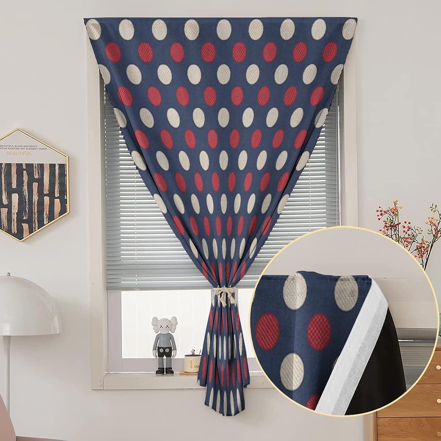 XISUNYA Self Adhesive Portable Blackout Curtains, Abstract Room Darkening Curtains, Retro Large Circles Inner Stripes Round Spots Print Adjustable Temporary Blackout Shades,47W x63L Inch