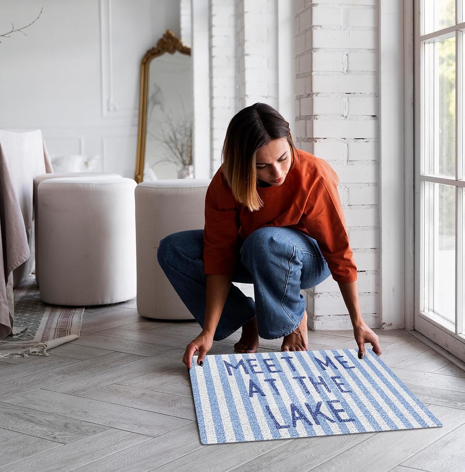Blue Striped Preppy Lake Door Mat, Meet Me at The Lake Doormat Bathmat for Home Bathroom Indoor Outdoor Entrance Porch, Coastal Nautical Welcome Mats for Front Door Entryway, 17x30 Inches