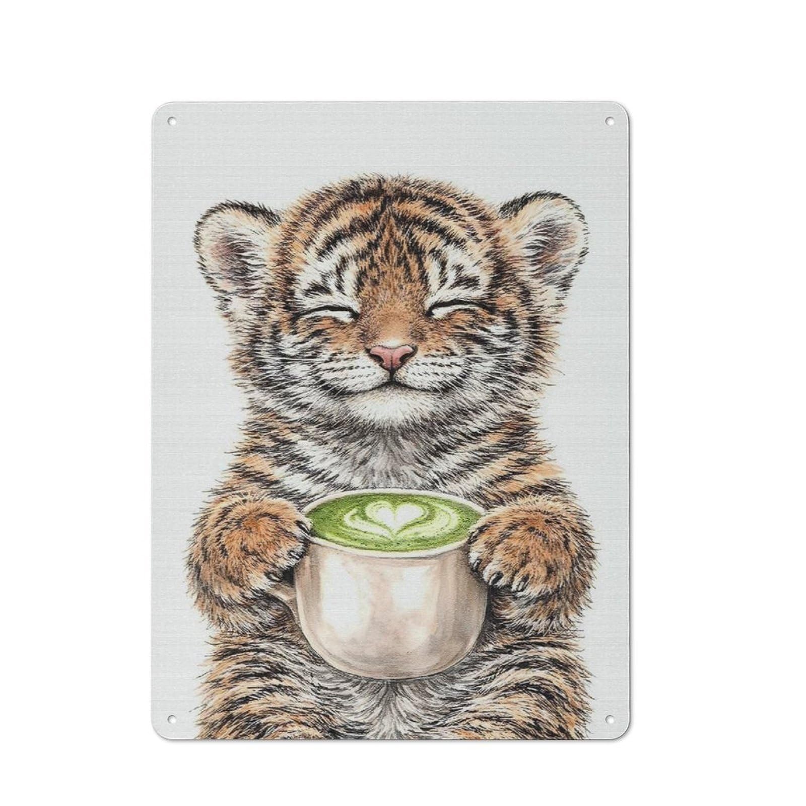 Junmoney Style-8 Kitchen Metal Sign With Cute Tiger Cub With Matcha Latte Design 40X30cm, Cosy Kitchen Wall Decor For Coffee Bar, Kitchen, Bistro Or Tea Corner