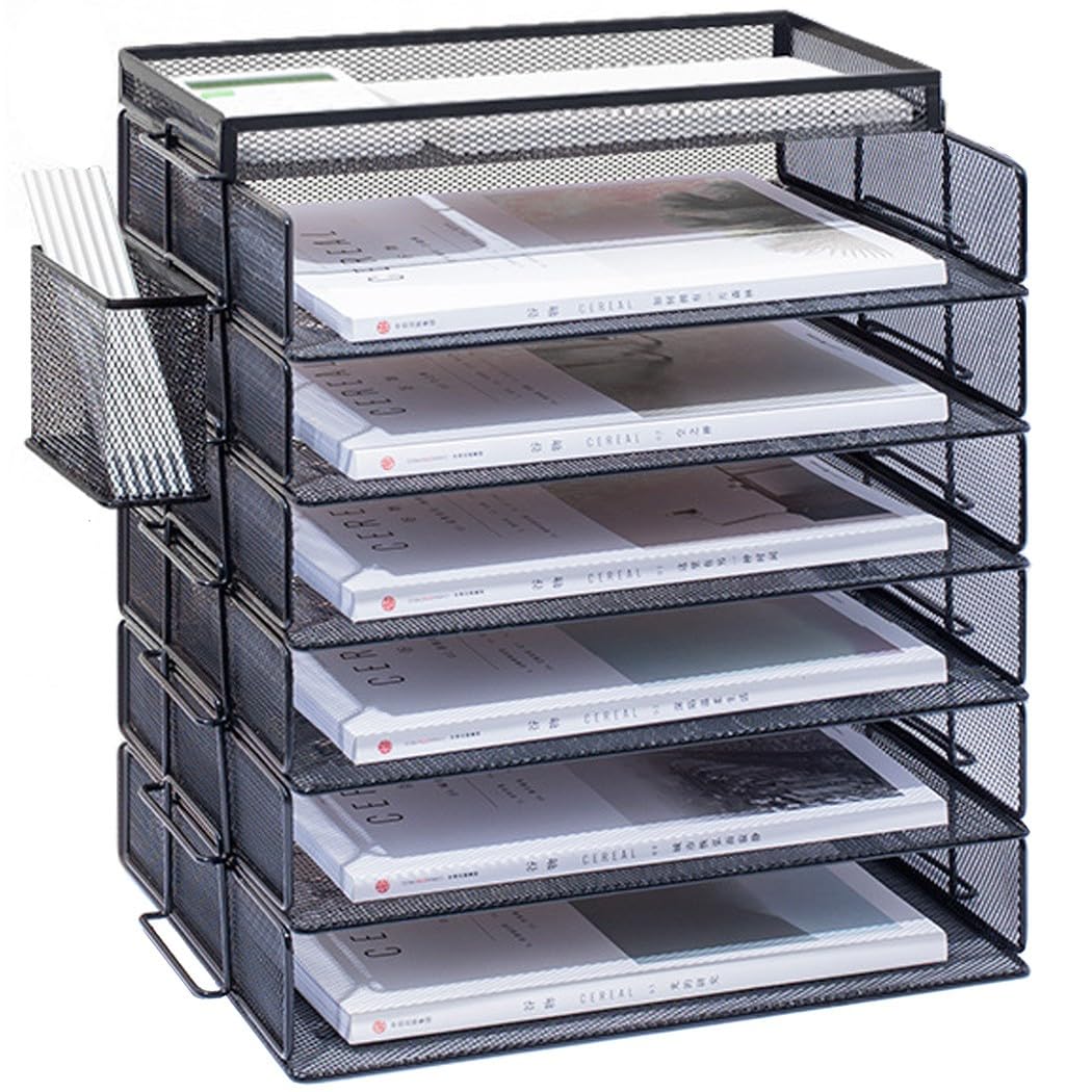 ZESLIV Desk Organiser with File Holder, 6-Tier Paper Organiser with Drawer and Pen Holders, Mesh Desk File Organiser with Magazine Holder for Office Organiser, Black