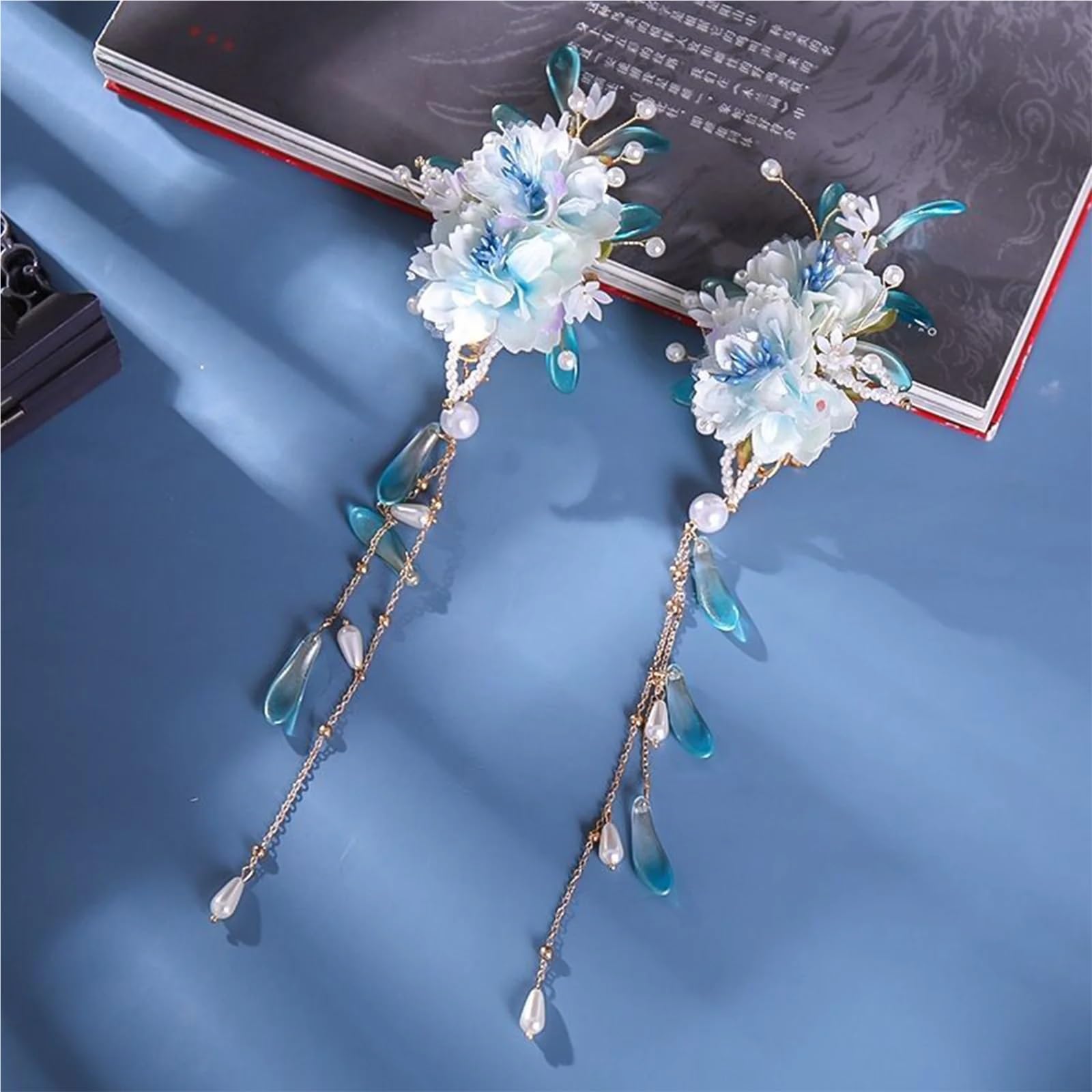 Bacchette per capelli Forcine for capelli a forma di U con fiori blu, fermagli for cinesi retrò, perle, nappe, gioielli for da donna, abito Hanfu per Donne