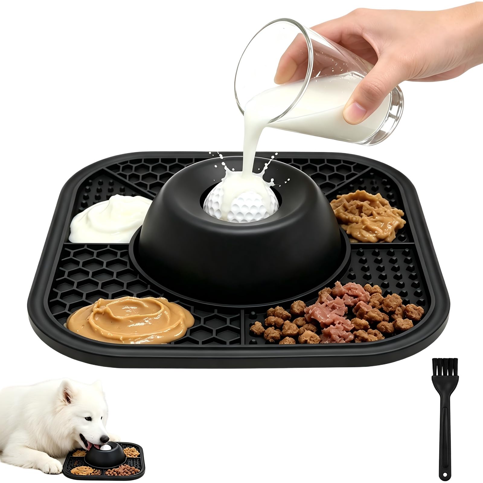 Dog Licking Bowl with Ball, Anti-Slip Silicone Slow Feeder Dog Bowl with Cleaning Brush, Silicone Dog Lick Bowl for Small Medium Dog & Cat, Slow Feeder Lick Toy for Liquid Food, Treats, Bone Broth