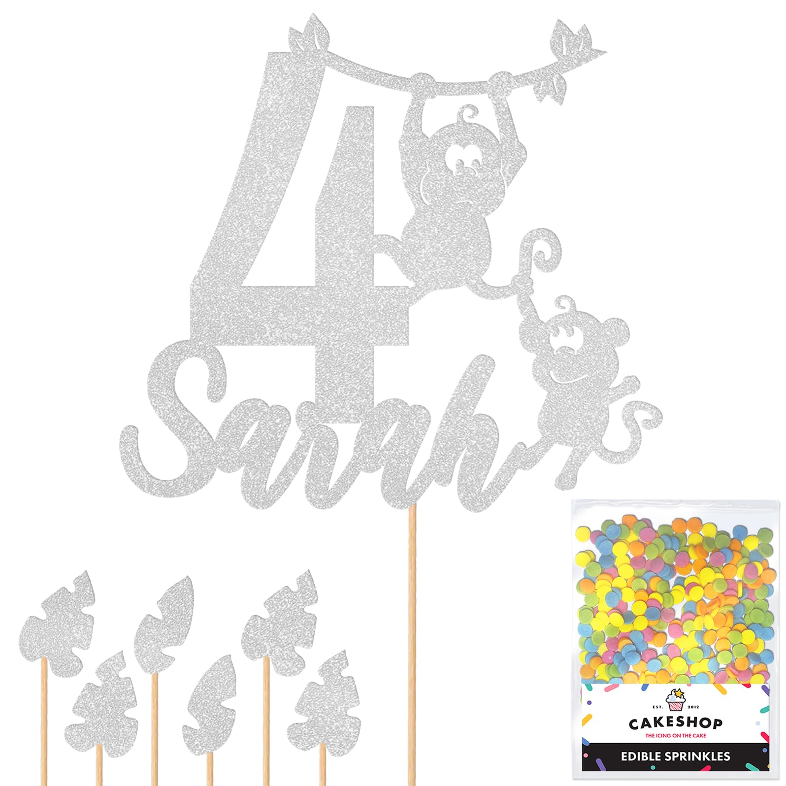 Personalised Birthday Jungle Monkey Glitter Cake Topper Silver Any Custom Age & Name Glitter Cake Decoration and Sprinkles - Happy Birthday Decorations - Personalised Toppers for Cakes by Cakeshop — image 1