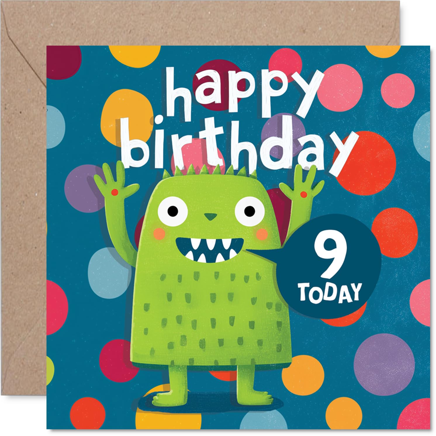 Playful 9th Birthday Card - Bursting with Birthday Energy - Cheerful Green Monster and Colourful Polka Dots - 145mm Square, Envelope Included