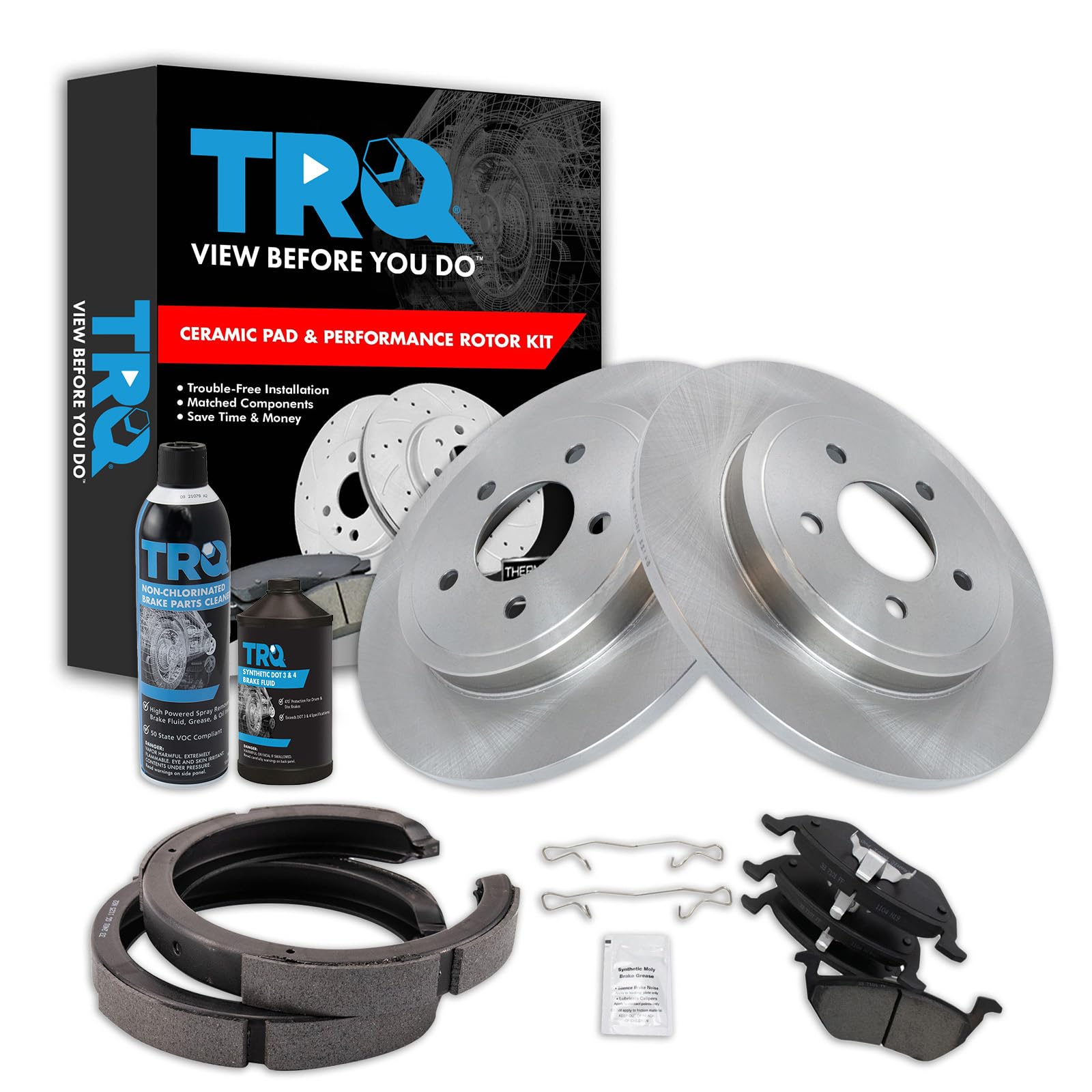 TRQ Brake Pad &amp; Rotor Kit, with Chemical Kit Parking Brake Shoe Set Ceramic Compatible with 2008 Mazda Tribute