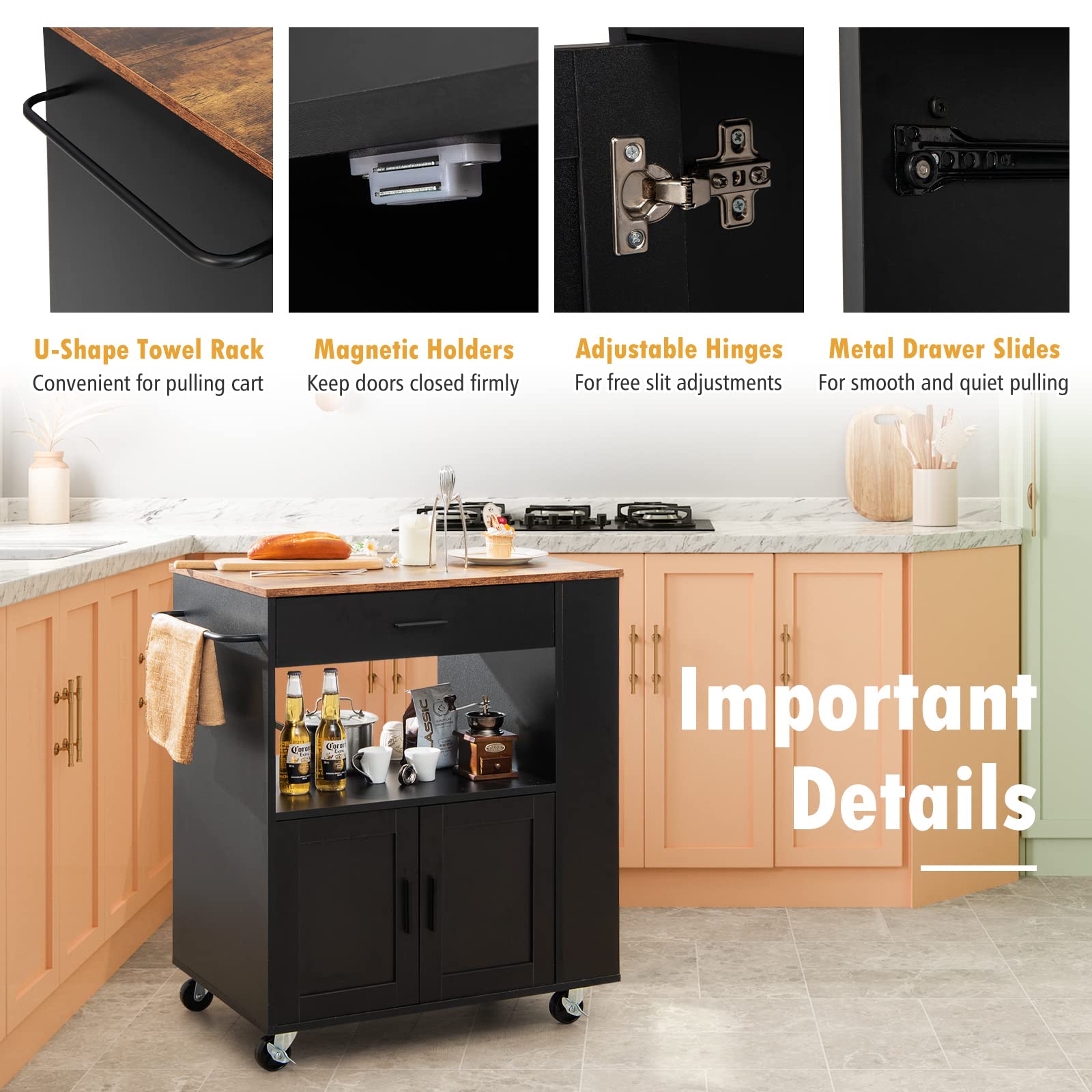KOMFOTTEU Carrito de Cocina con Ruedas, Carro de Servicio con 3 Estantes Laterales, Armario de Puertas y Cajón, Isla de Almacenamiento con Toallero, Buffet de Comedor, 82 x 50 x 92 cm (Negro)