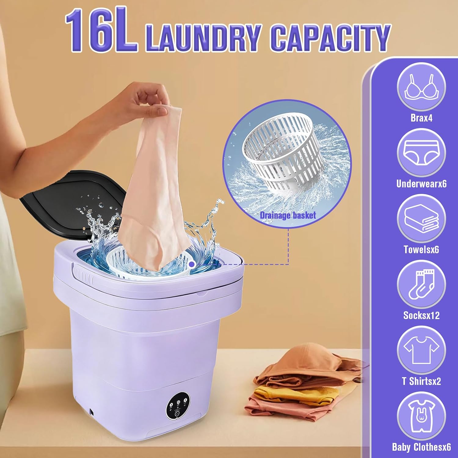 Mini Washing Machine 16L Portable Washer Foldable Small Washing Machine - 3 Cleaning Modes with Spin Dryer Basket for Underwear, Socks, Baby Clothes - Ideal for Apartment, Dorm, RV & Travel