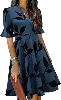 Womens Summer V Neck Ruffle Short Sleeve Fit and Flare Knee Length Church Wedding Guest Dresses with Pockets