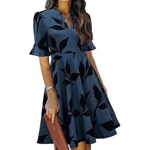 Mokayee Womens Summer V Neck Ruffle Short Sleeve Fit and Flare Knee Length Church Wedding Guest Dresses with Pockets