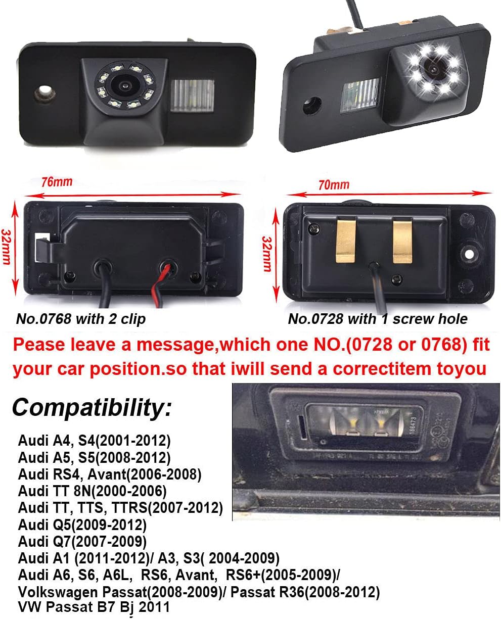 8 LEDs Night Vision Parking Camera Waterproof Night Vision HD Reversing Camera Replacement for Audi A6 S6 A6L RS6 Avant RS6+/A1 A3 S3/Q5/Q7/TT 8N/TT TTS TTRS/RS4 Avant/ A5 S5/A4 S4/VW Passat/R36