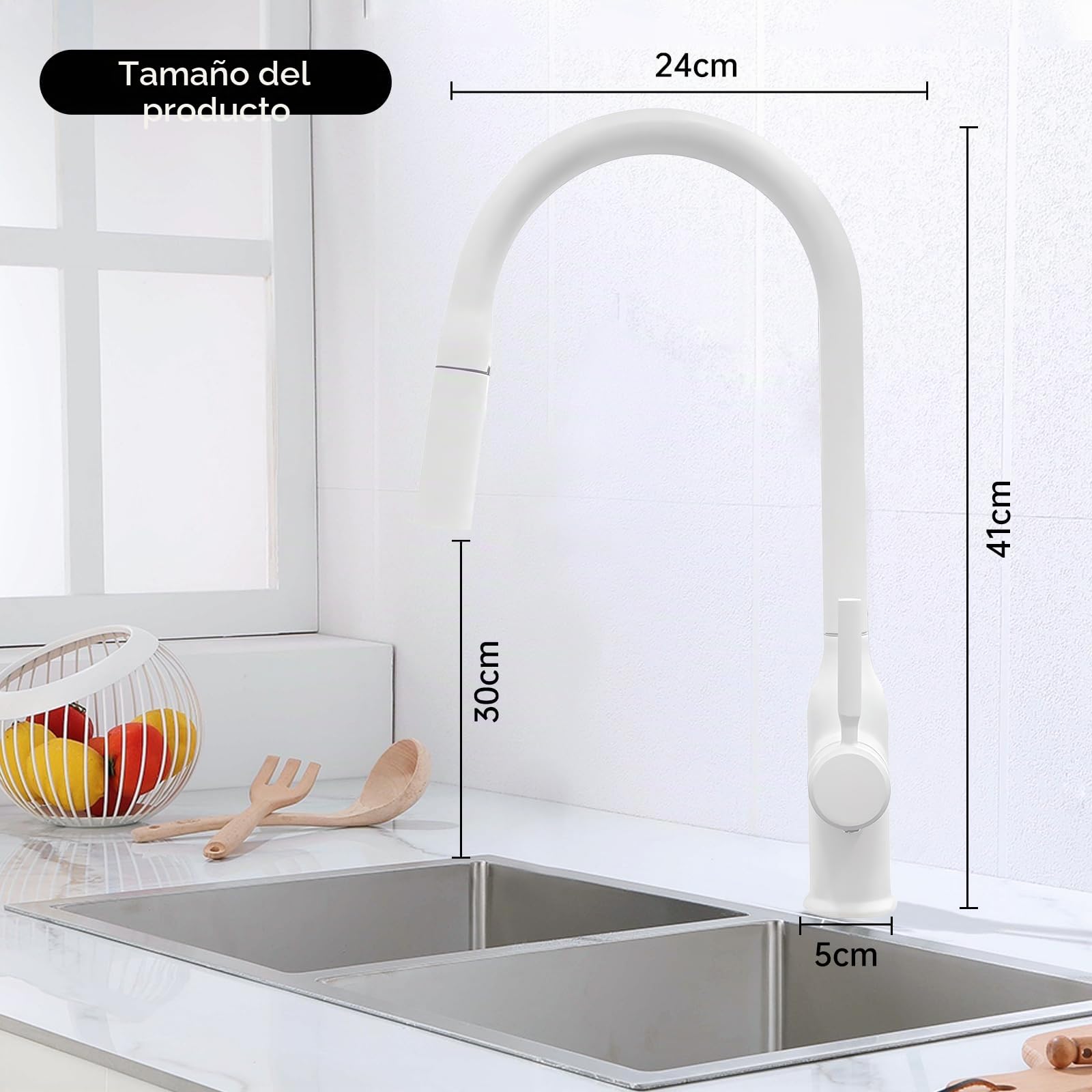 Faucet - Grifo de cocina (2 modos, extraíble, extraíble), color blanco
