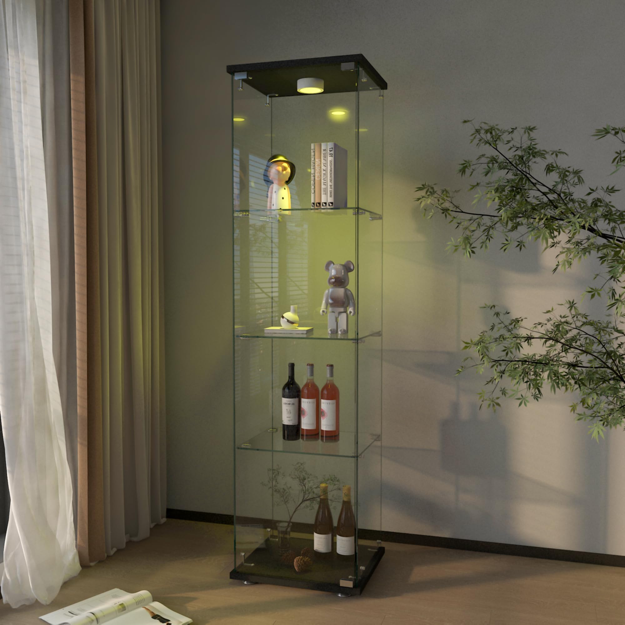 Modern Glass Display Cabinet 4-Shelf with LED Light, Lock and Wheels, 1 Door Curio Cabinets, Tempered Glass Collection Display Showcase for Living Room Home Office,Black