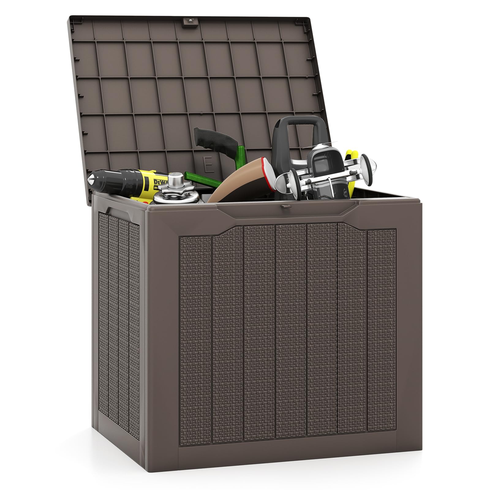 GOPLUS Caja de Cubierta Impermeable, Mesa Auxiliar de Patio de 106 L con Tapa Bloqueable, Superficie Estilo Mimbre, Caja de Almacenamiento para Herramientas de Jardinería, Cojines, Piscina (Marrón)
