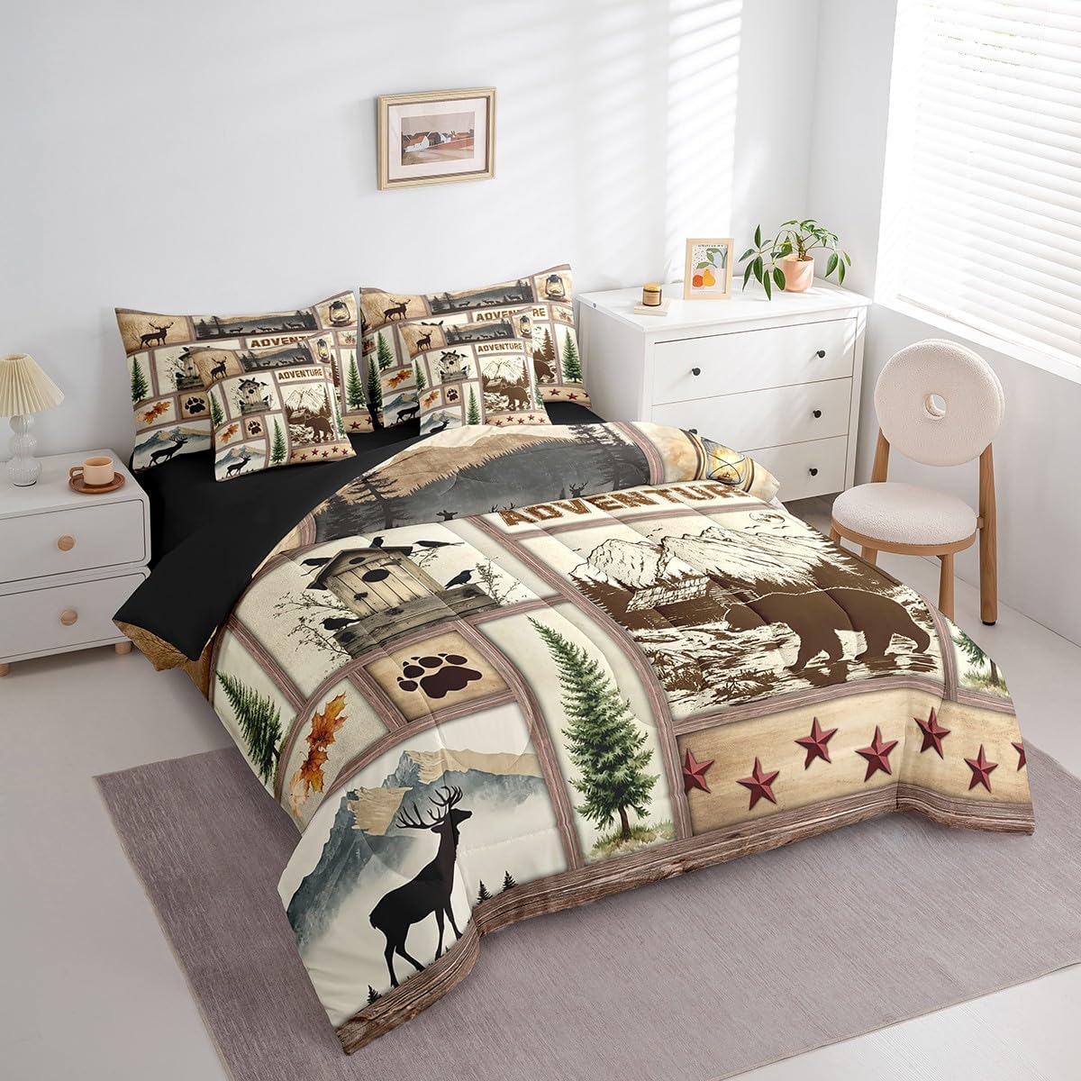 Feelyou Rustic Cabin Bear Comforter Set with Sheets Queen Size Kids Wild Animal Hunting Bed in a Bag for Boys Girls Teens Country Farmhouse 7 Pieces Bedding Set Beige Brown Soft