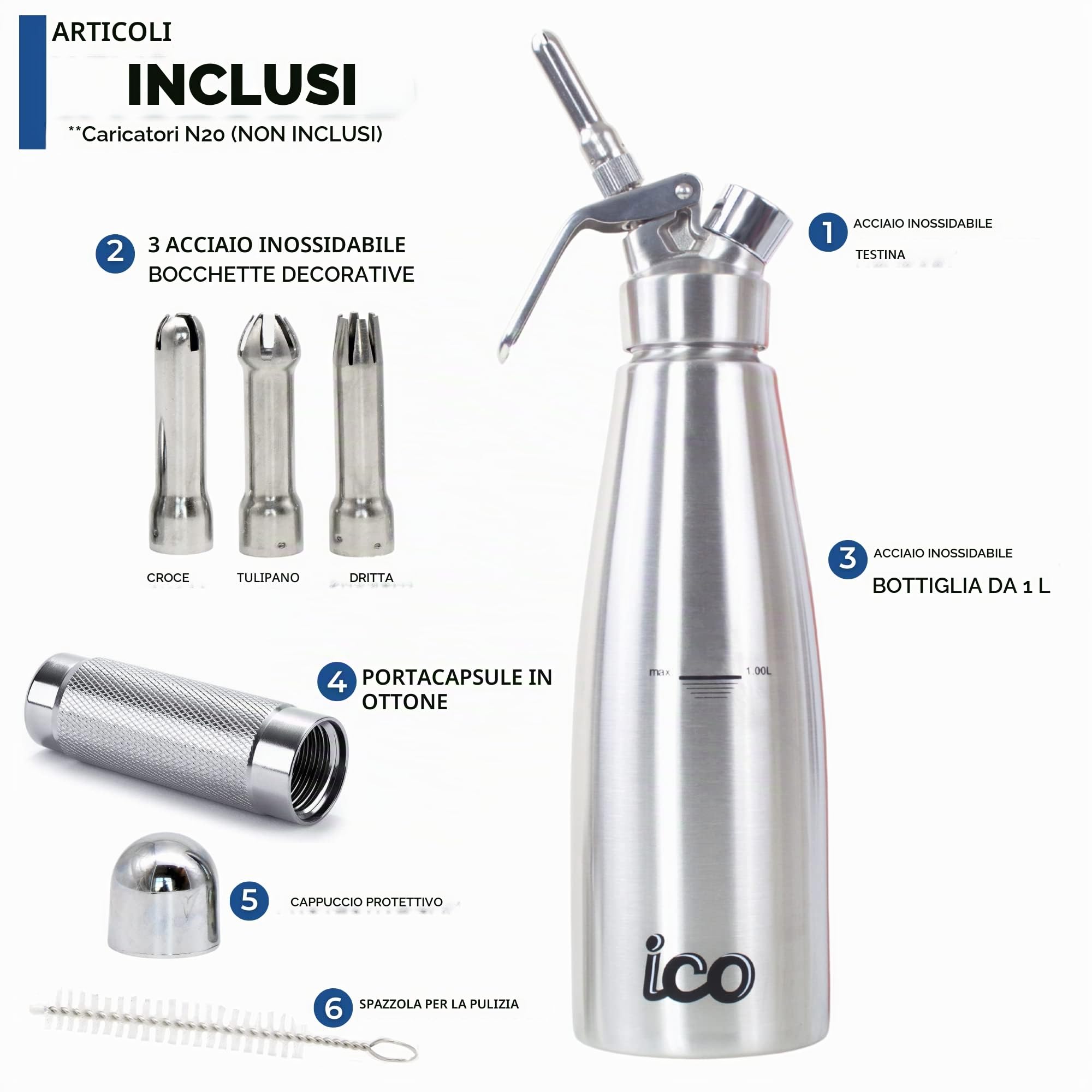 ICO 1L Sifone Panna Montata Professionale in Acciaio Inossidabile per Monta Panna Fatta in Casa, Sifone da Cucina per Dolci, Salse e Liquori Infusi, 1L
