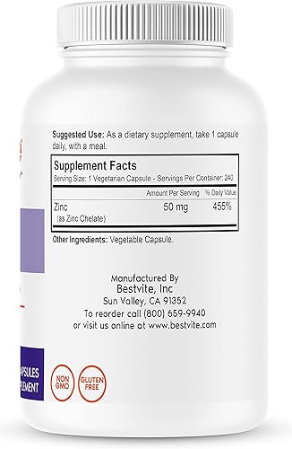 Miniatura 2 de Quelato de zinc 50 mg (240 cápsulas vegetarianas) - Sin estearatos - Sin fosfato dicálcico - Vegano - Sin OMG - Sin gluten