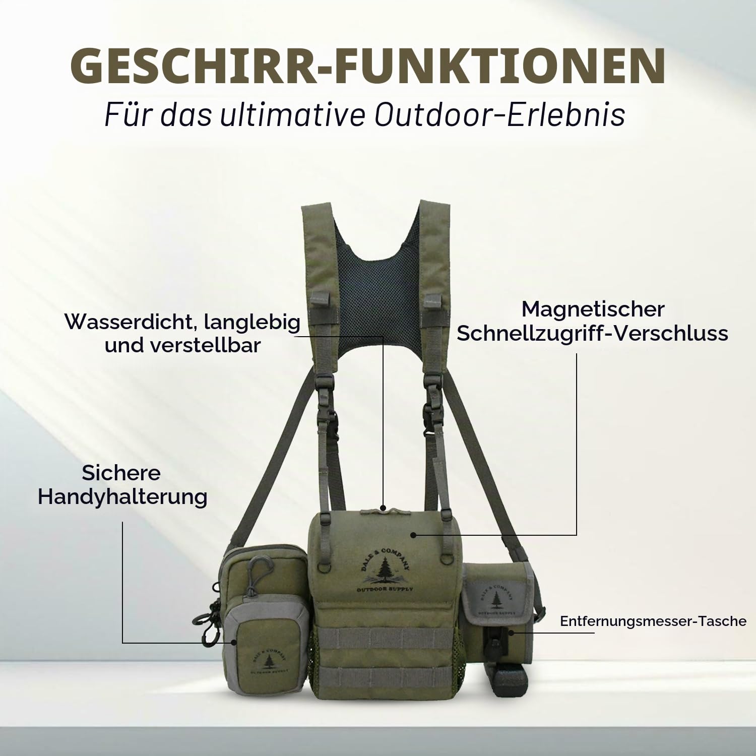Dale & Company Recon Pro Fernglas-Brusttasche mit Magnetverschluss – wasserdichte Bino-Tasche mit Entfernungsmesser-Tasche, Handyhalter, Objektivreiniger – perfekt für Jagd, Wandern, Vogelbeobachtung