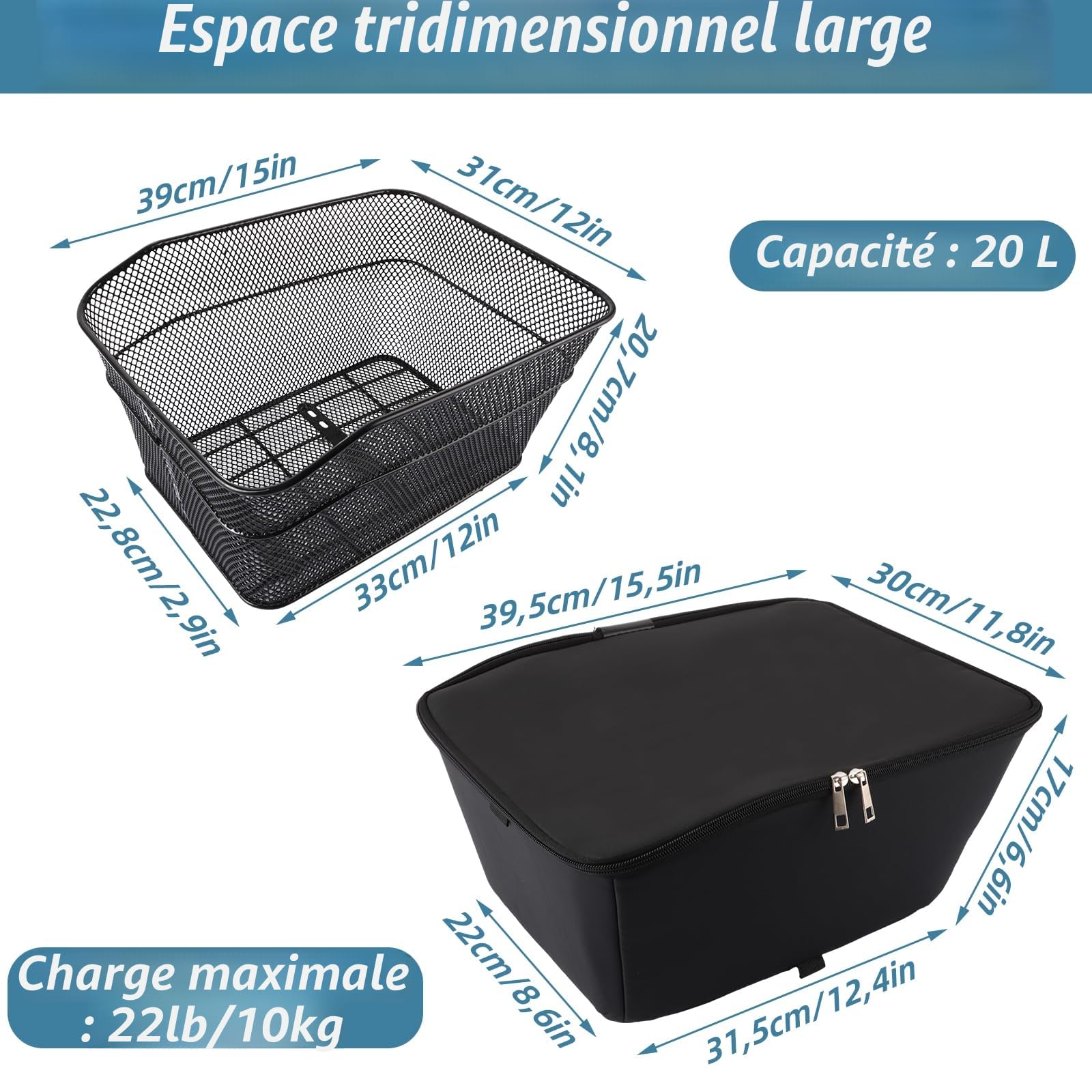 Panier Velo Arriere, 40x30x20cm Panier Velo Grand Arrière Panier pour Velo Porte-Bagages en Métal, Noir Panier Arriere Velo avec Doublure de Panier Vélo Arrière, 20L