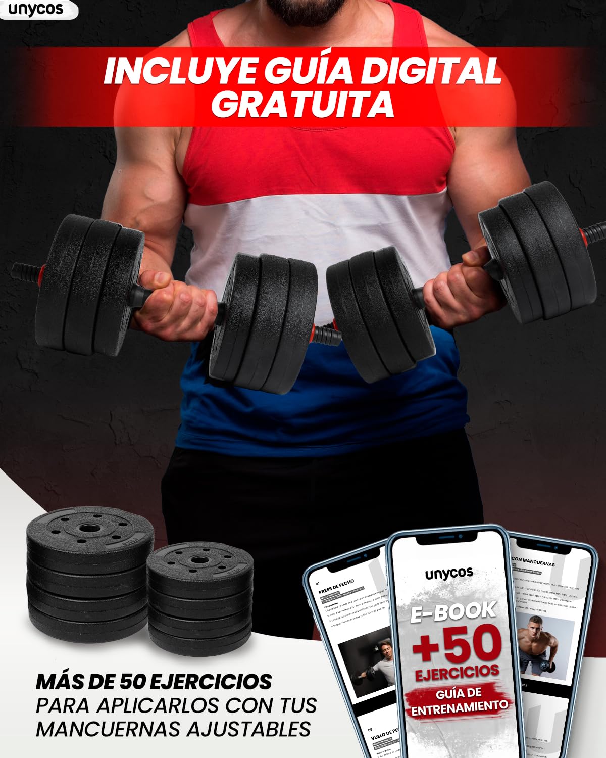 unycos - Juego de Mancuernas Ajustables con Discos Intercambiables y Barra Recta de Conexión, Set de Entrenamiento de Fuerza para Fitness, Gimnasio en Casa