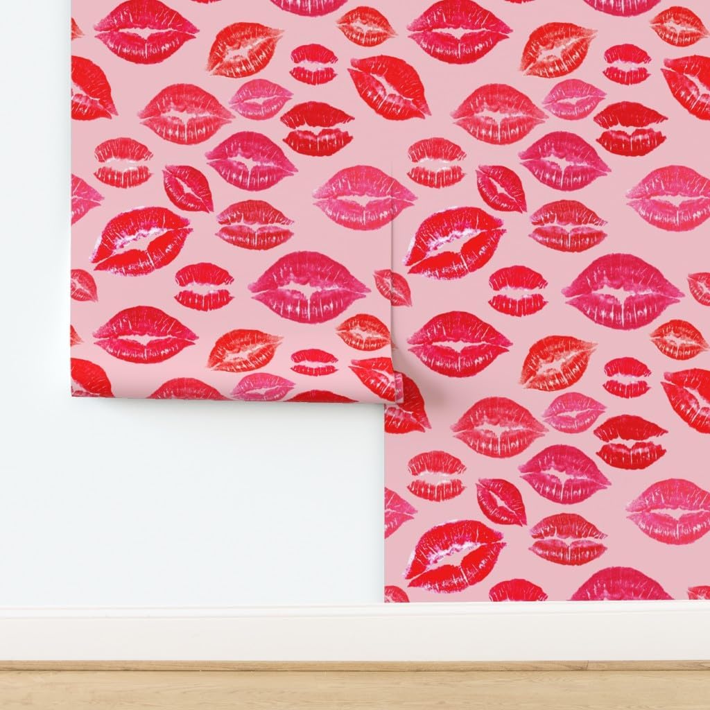 Peel & Stick Wallpaper 3ft x 2ft - Lipstick Kiss Kitsch Valentine Kisses Valentine's Day Love Pink Red Romance Sweet Custom Removable Wallpaper by Spoonflower
