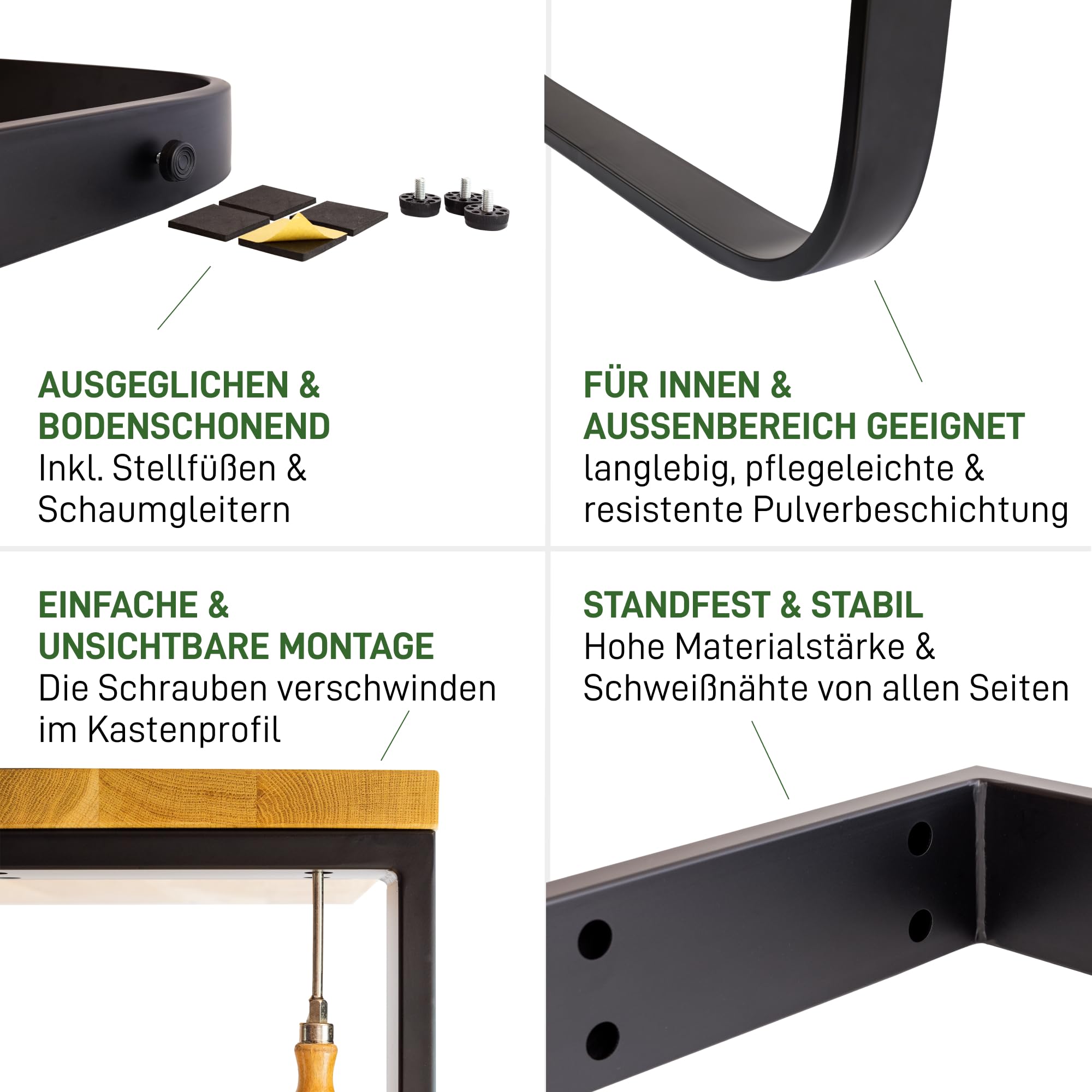 Natural Goods Berlin 2X Tischkufen O-Form Metall Tischbeine Tischgestell höhenverstellbar Möbelkufen rund schwerlast Outdoor U-Modell Industrie Design (B80 x H72cm (Esstisch/Schreibtisch), Schwarz)