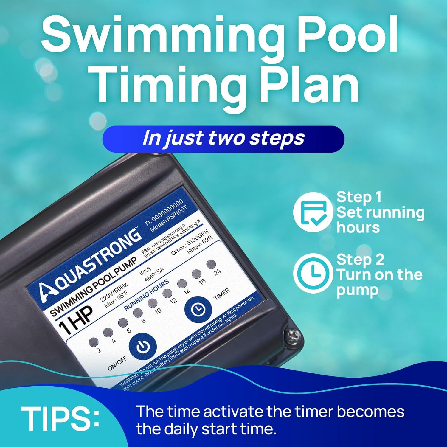 Close-up of the AQUASTRONG pump control panel with timer settings