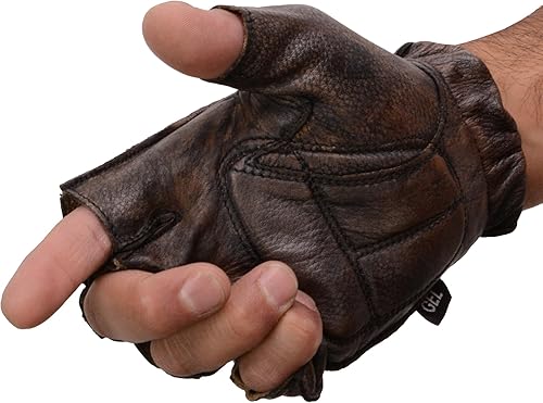 Miniatura 2 de Milwaukee Leather MG7561 - Guantes de mano de motocicleta para hombre, color marrón, de cuero, acolchados, sin dedos, hechos con piel desnuda