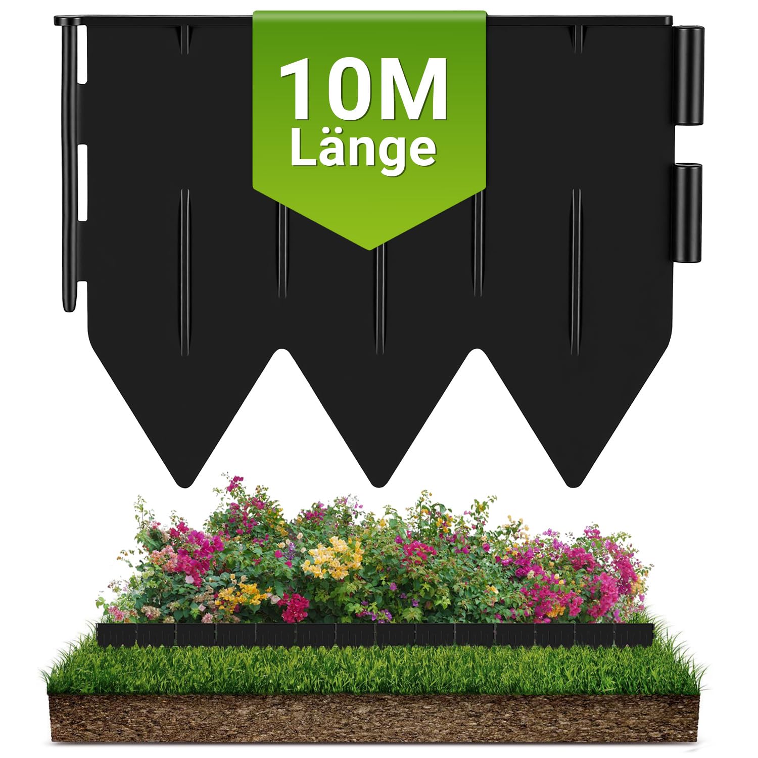 Césped de plástico 10 m x 15 cm, juego de 50 piezas de cercado de polipropileno negro para cerrar, sin trabajos de excavación, resistente a la intemperie para jardín, césped y parterres