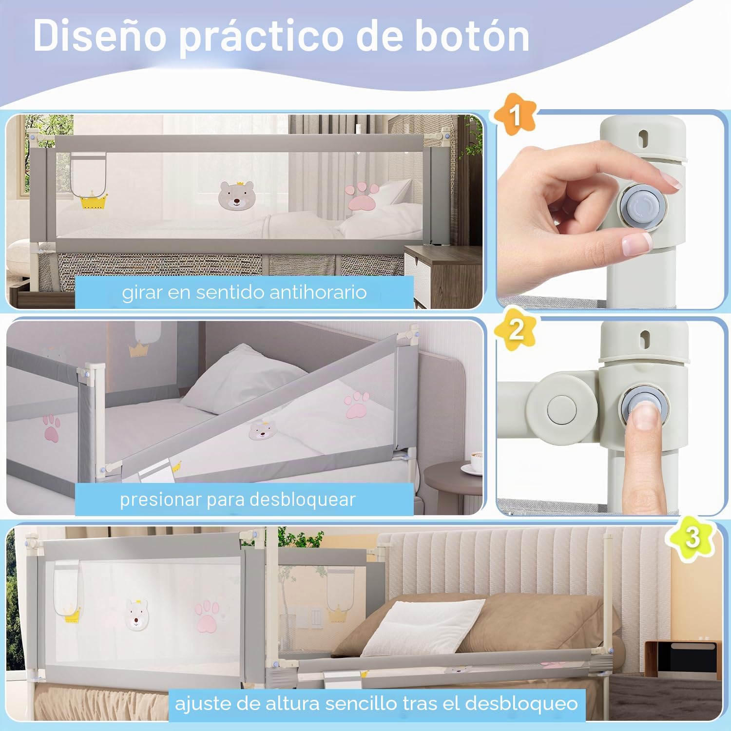 Ikodm Barrera de cama de 150 cm, protección contra caídas, barandilla de cama para niños y camas de matrimonio, altura ajustable de 70-98 cm, estable, gris