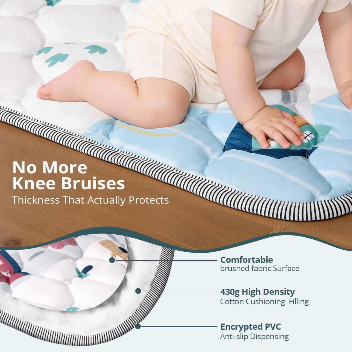 COMOMY Tappeto Gioco Bambini 127x127 cm, Pieghevole e Lavabile - Tappetone Neonato Morbido Trapuntato con Fondo Antiscivolo per Gattonamento, per Box, Grigio-Bianco