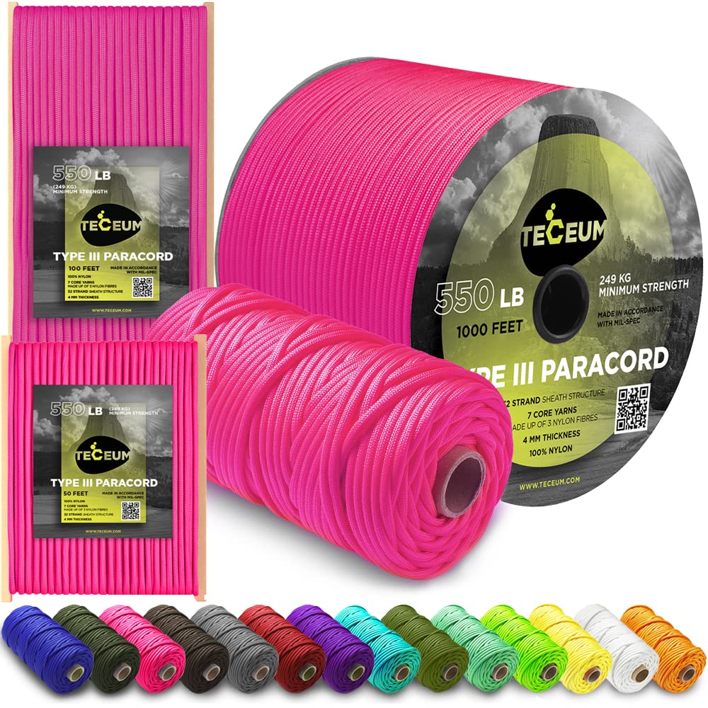 TECEUM Paracord Type III 550 Sofit Rosa (Sofit Pink) – 15 m – 4mm – Taktisches Seil – Outdoor-Paracord – Für Camping & Wandern – EDC-Fallschirmseil – Robustes Überlebensseil (50 ft) 315