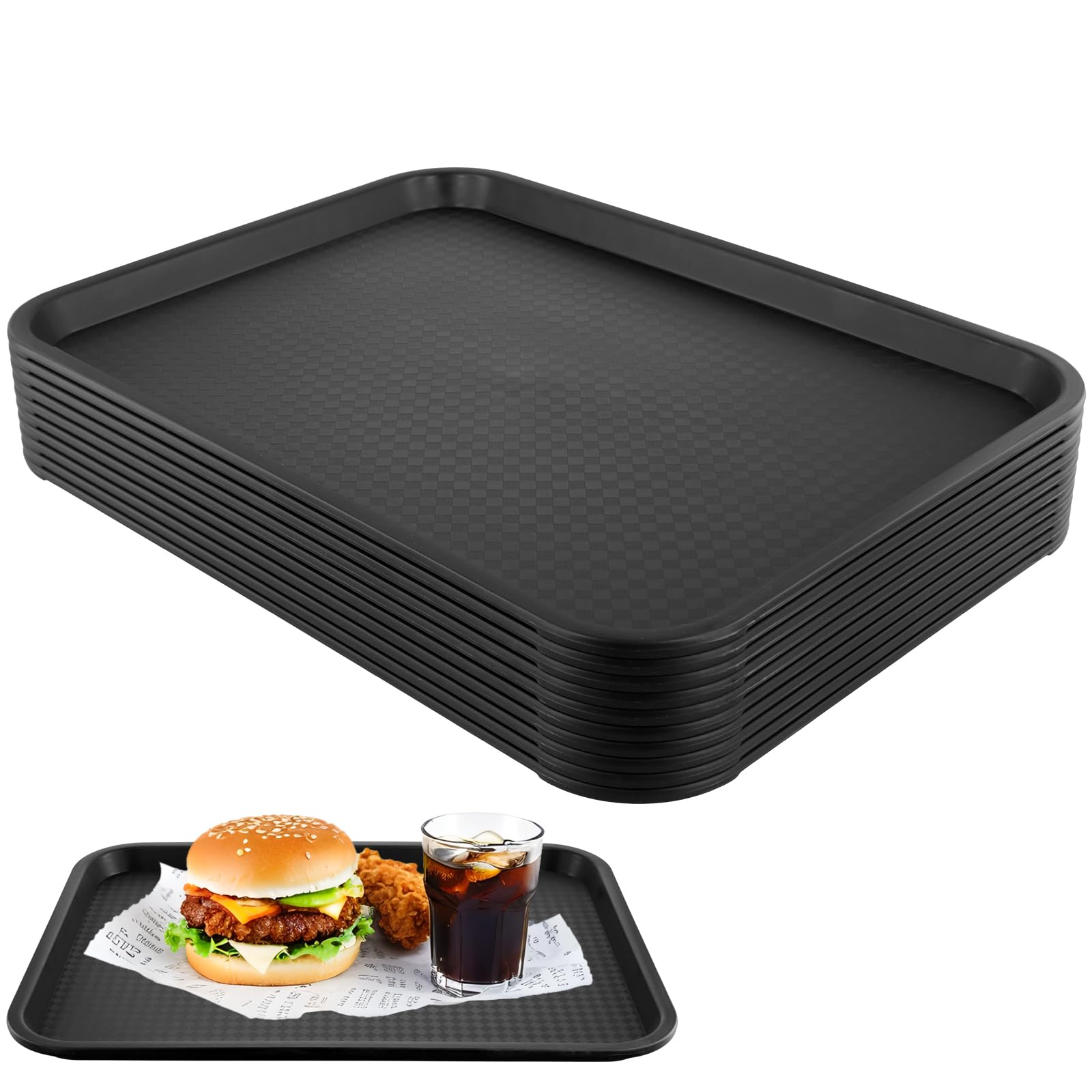 LEXININ 10 vassoi rettangolari in plastica nera per fast food, 41 x 30 cm, vassoi rettangolari per caffetteria, ristorante, fast food