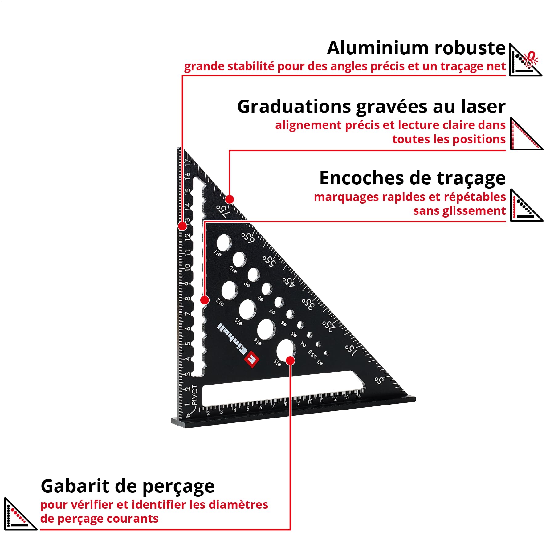Einhell 2 pièces jeu d’équerres de charpentier, 185/300 mm | Graduations en mm et en degrés | ouvertures de traçage | gabarit de perçage | tableau de conversion pour chevrons | marqueur