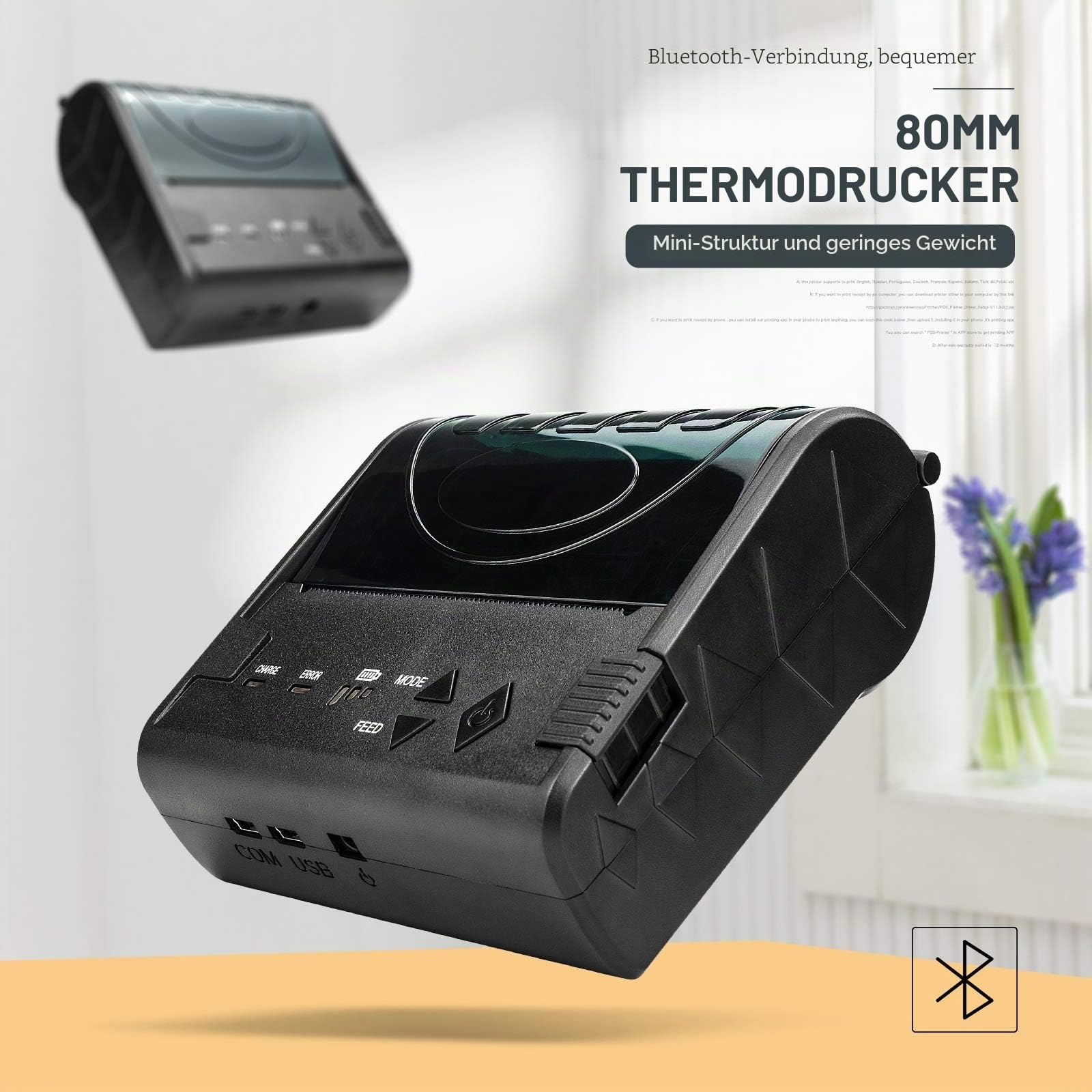 NETUM 80 mm kabelloser Bluetooth-Thermodrucker, tragbarer persönlicher Rechnungsdrucker, 7,6 cm, Mini-USB-POS-Drucker, kompatibel mit Android/iOS/PC/Windows/Linux NT-8003